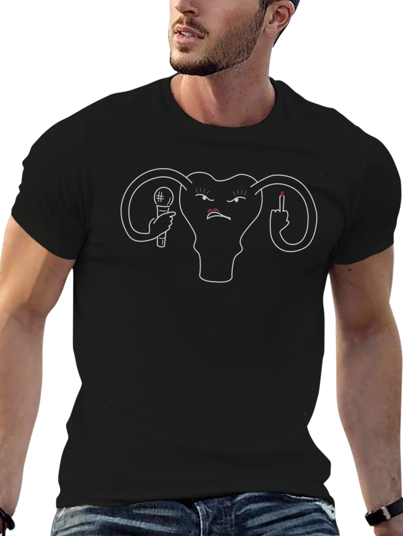 Feminist T-Shirt: Angry Uterus with Microphone & Middle Finger