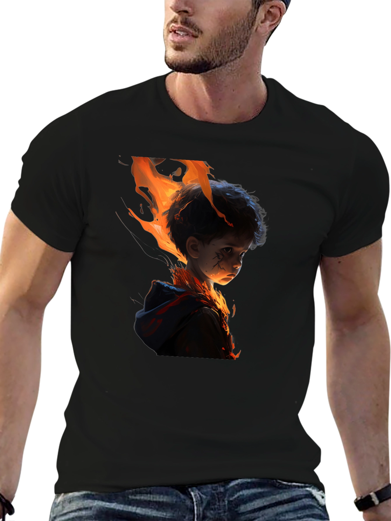 Fiery Child Graphic Print Black T-Shirt