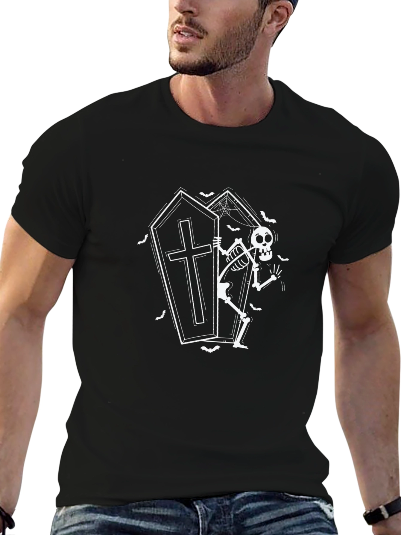 Spooky Skeleton Coffin Graphic Tee - Halloween Ready