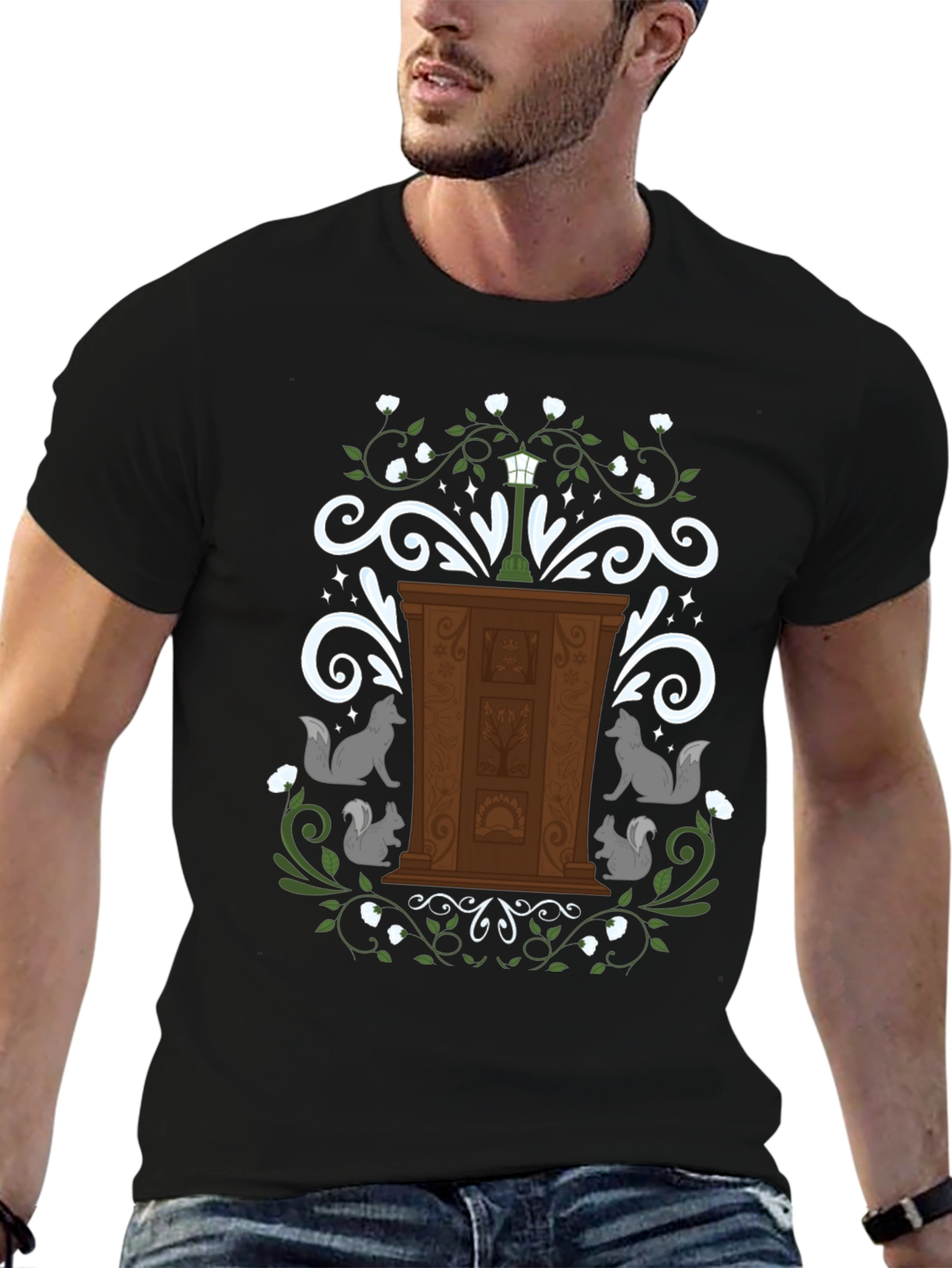 Whimsical Wardrobe T-Shirt with Squirrels and Streetlamp