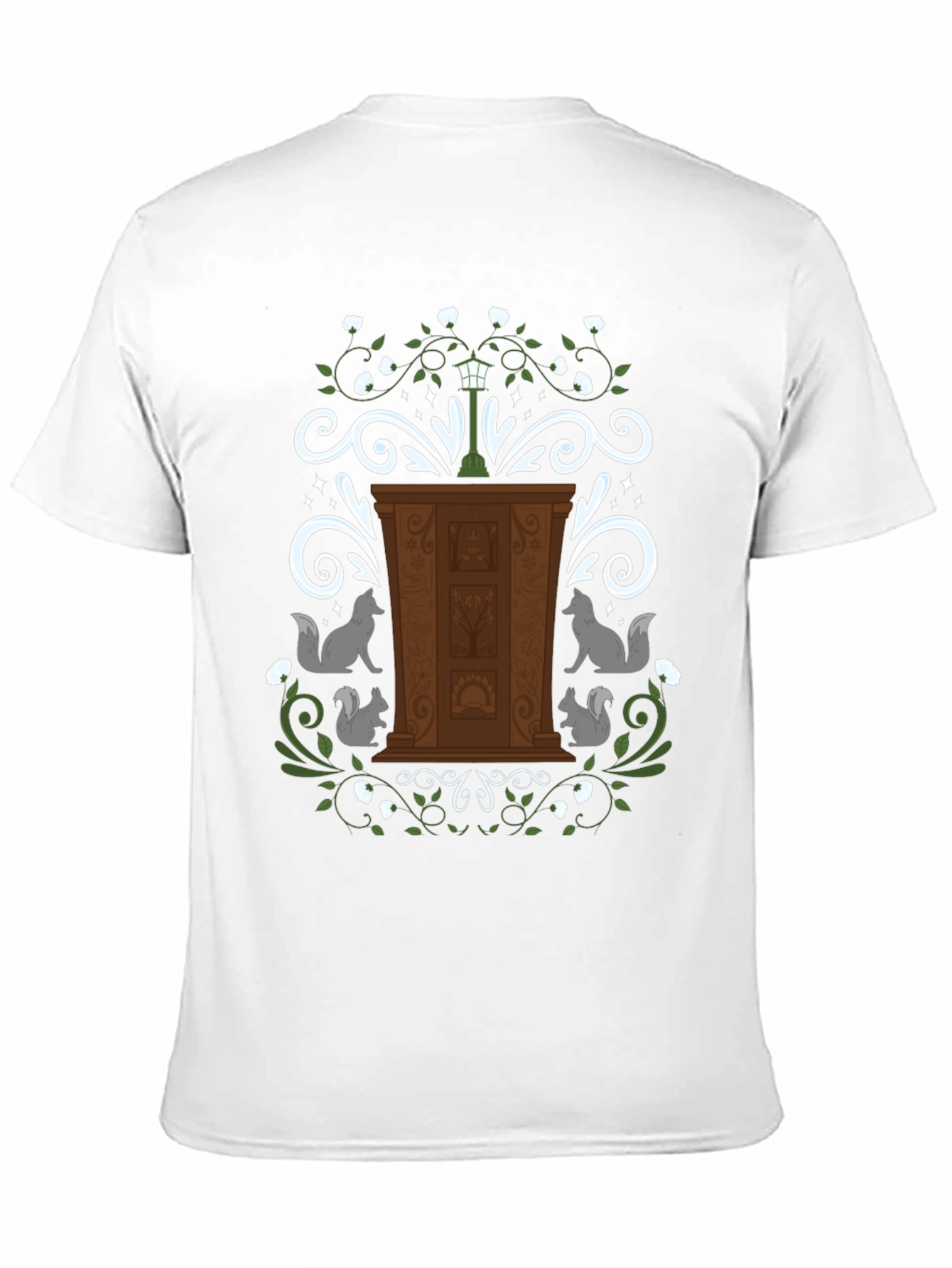 Whimsical Wardrobe T-Shirt with Squirrels and Streetlamp