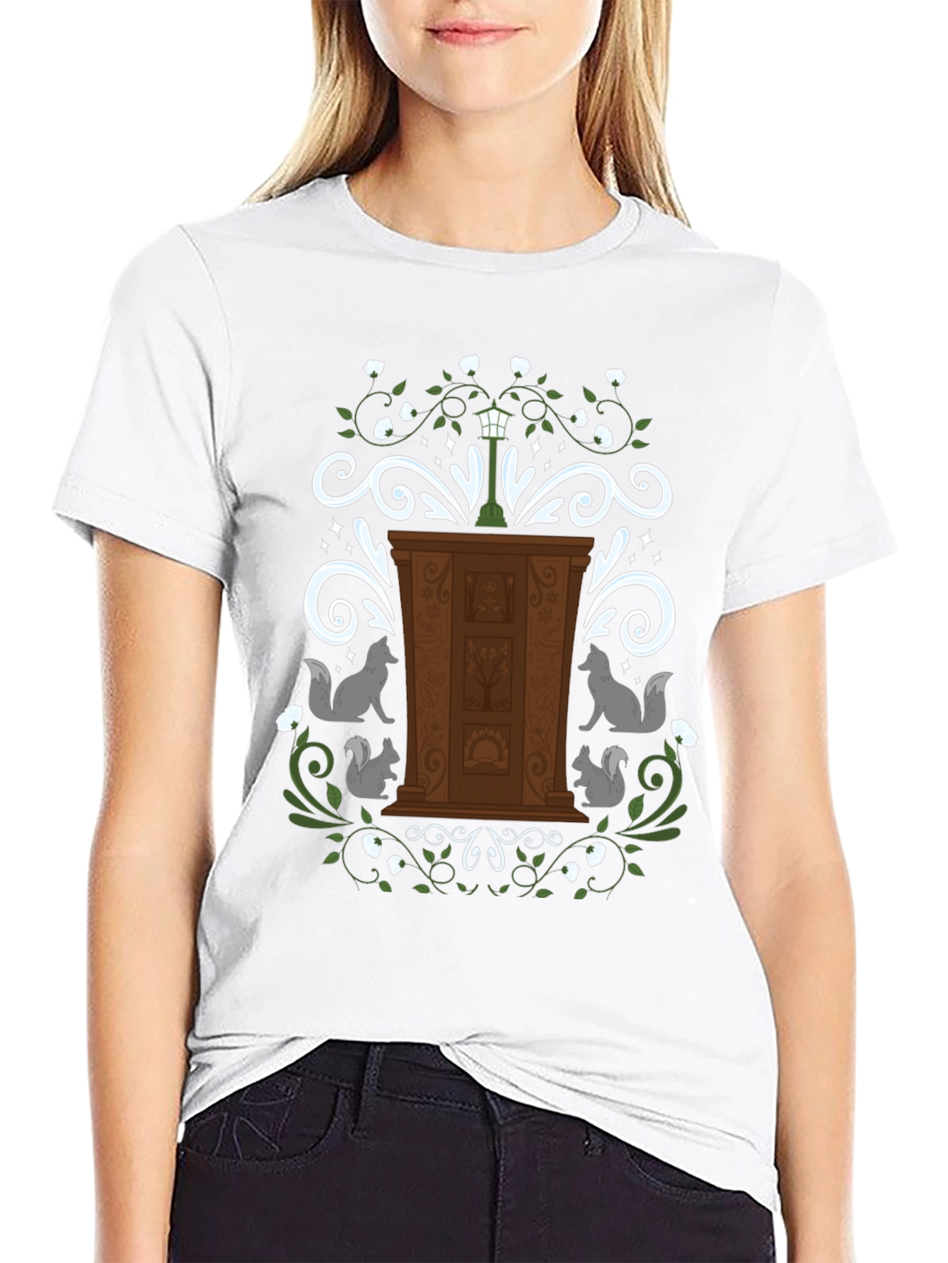 Whimsical Wardrobe T-Shirt with Squirrels and Streetlamp