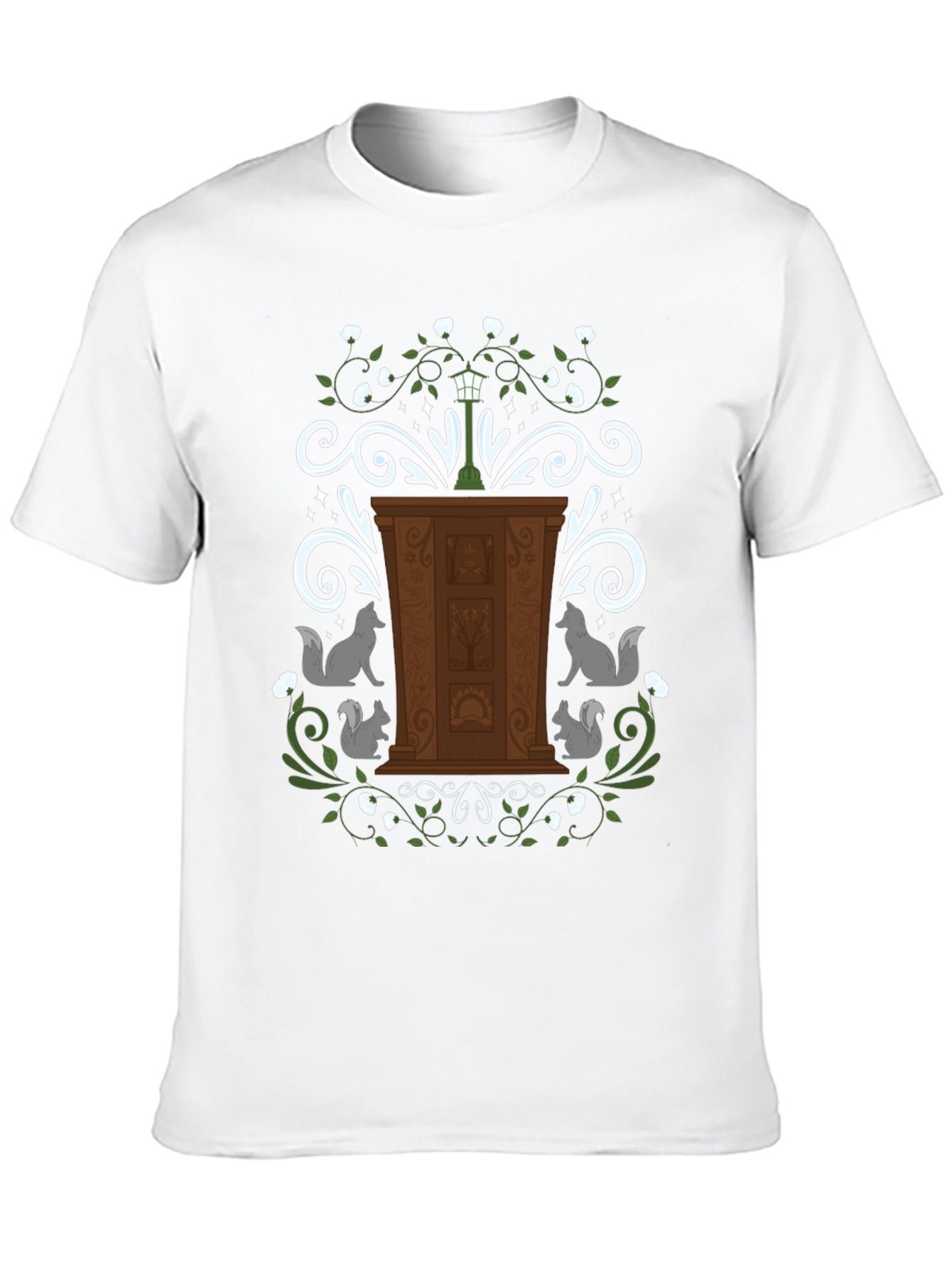 Whimsical Wardrobe T-Shirt with Squirrels and Streetlamp