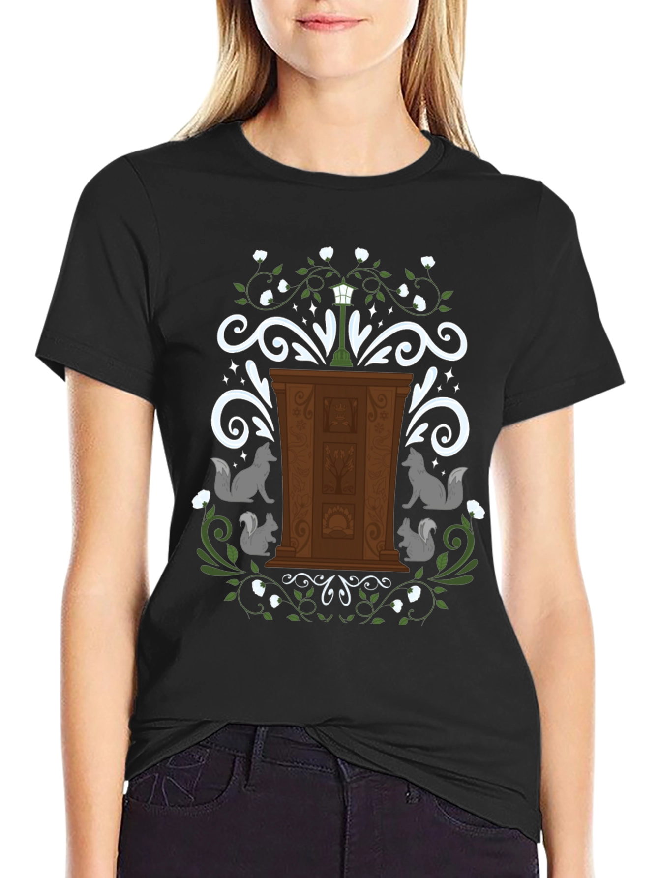 Whimsical Wardrobe T-Shirt with Squirrels and Streetlamp