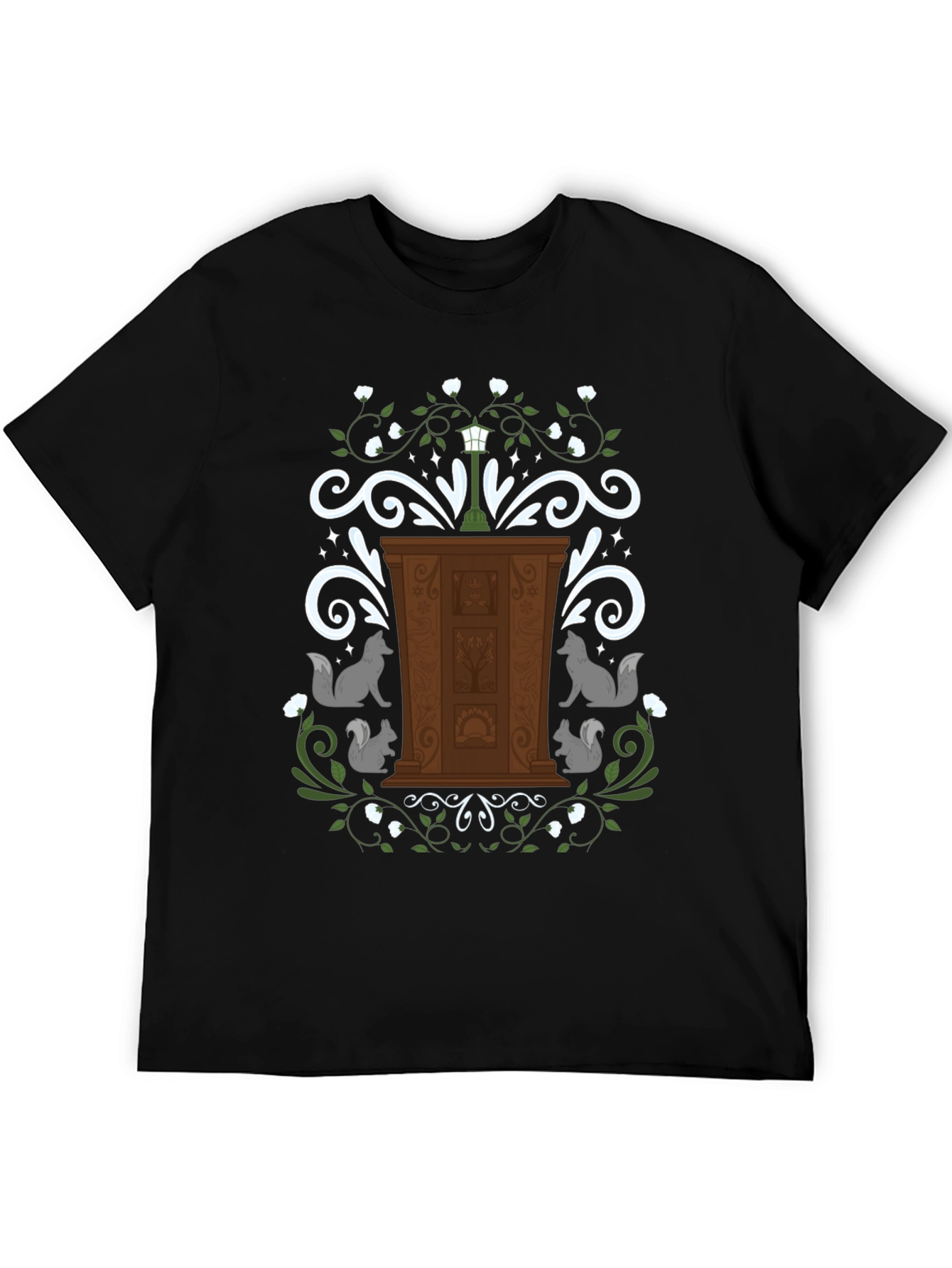 Whimsical Wardrobe T-Shirt with Squirrels and Streetlamp