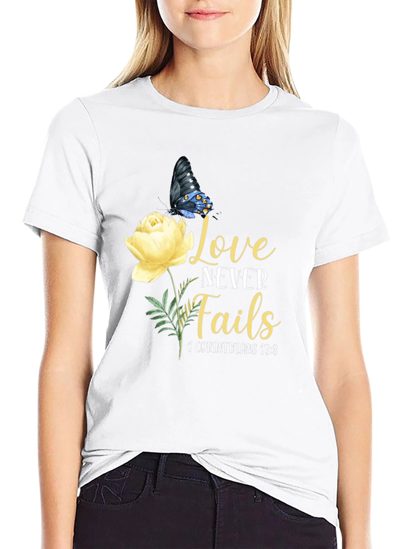 Love Never Fails T-Shirt Floral Butterfly Graphic Tee