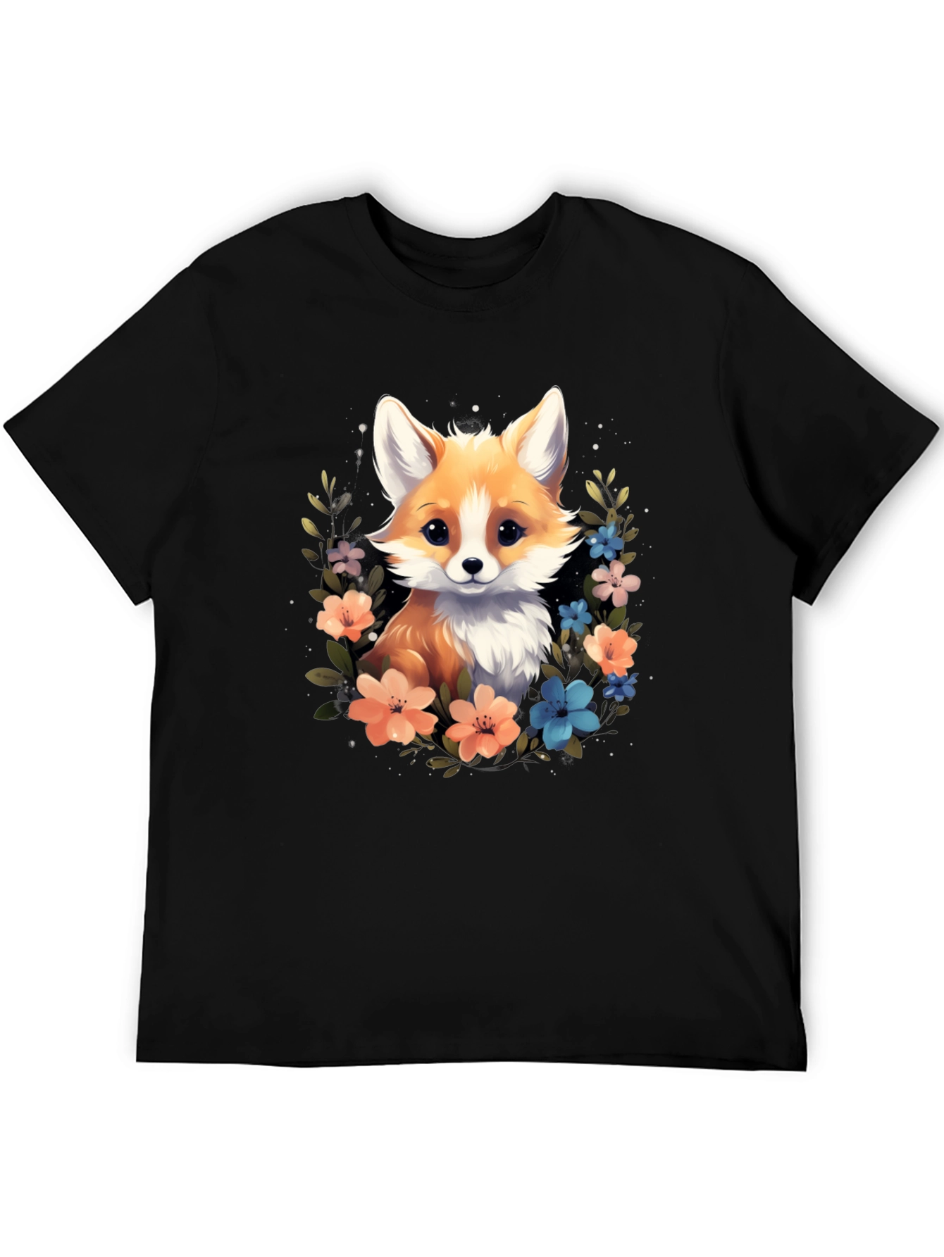 Cute Fox Floral Black T-Shirt