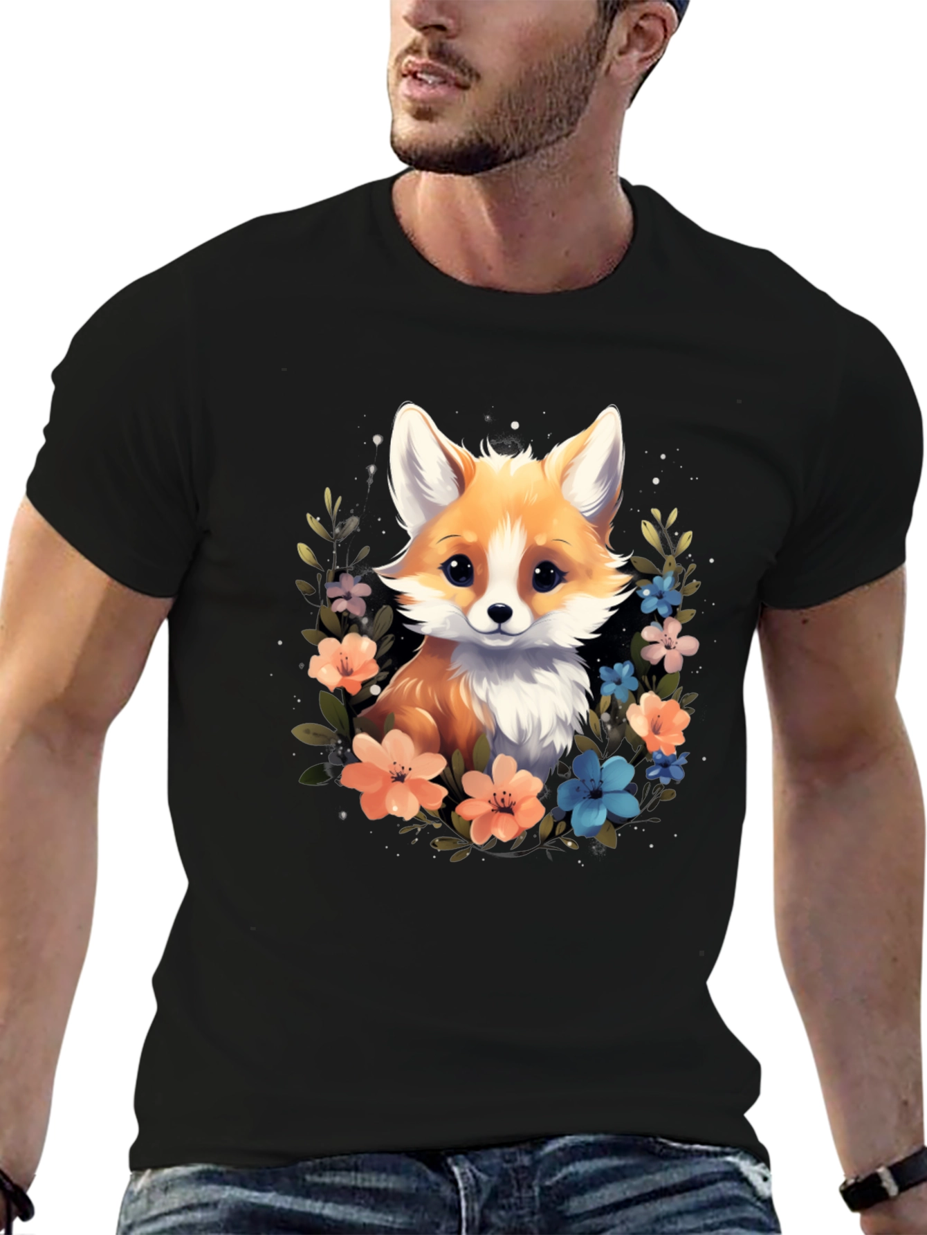 Cute Fox Floral Black T-Shirt
