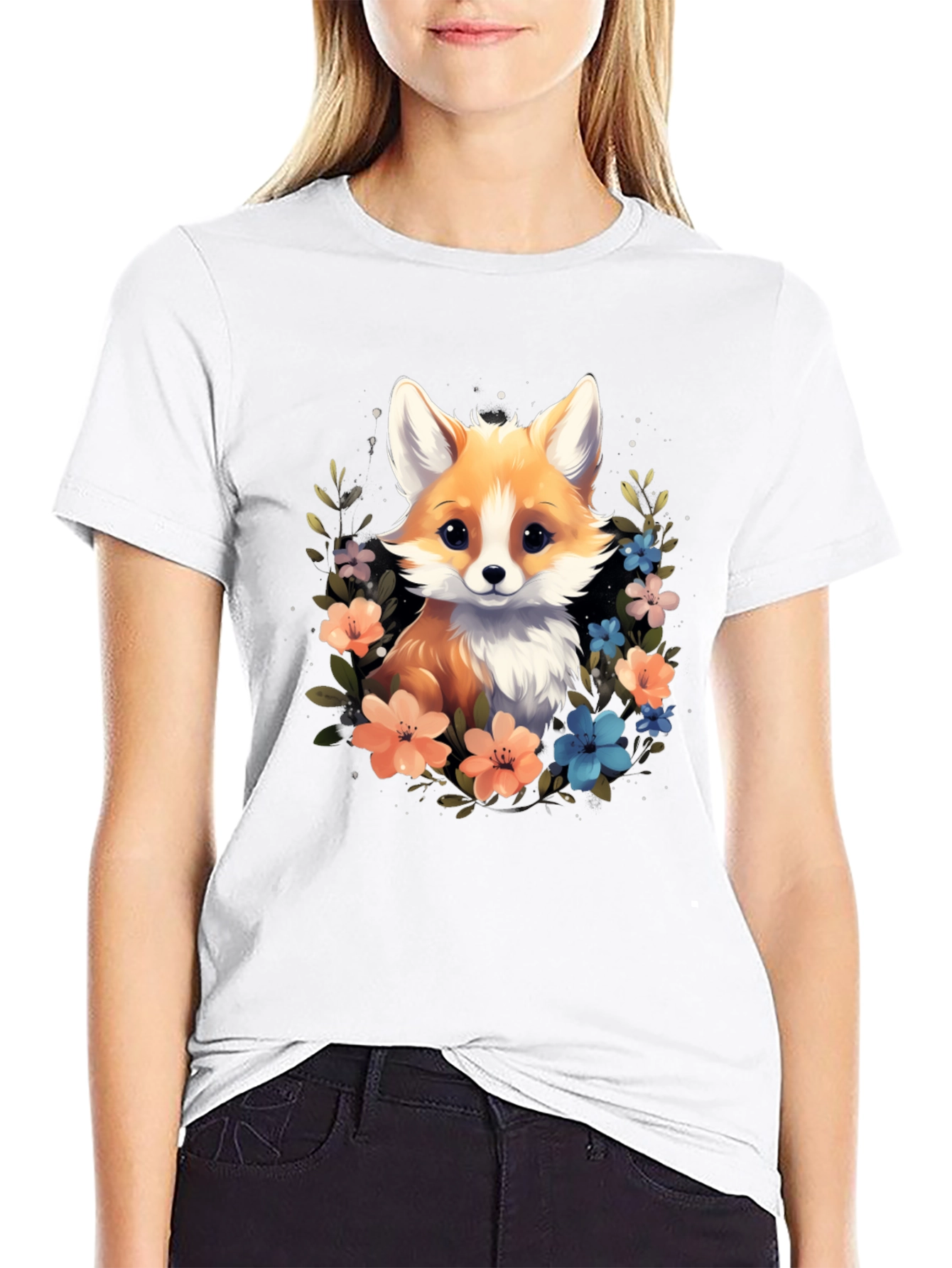 Cute Fox Floral Black T-Shirt