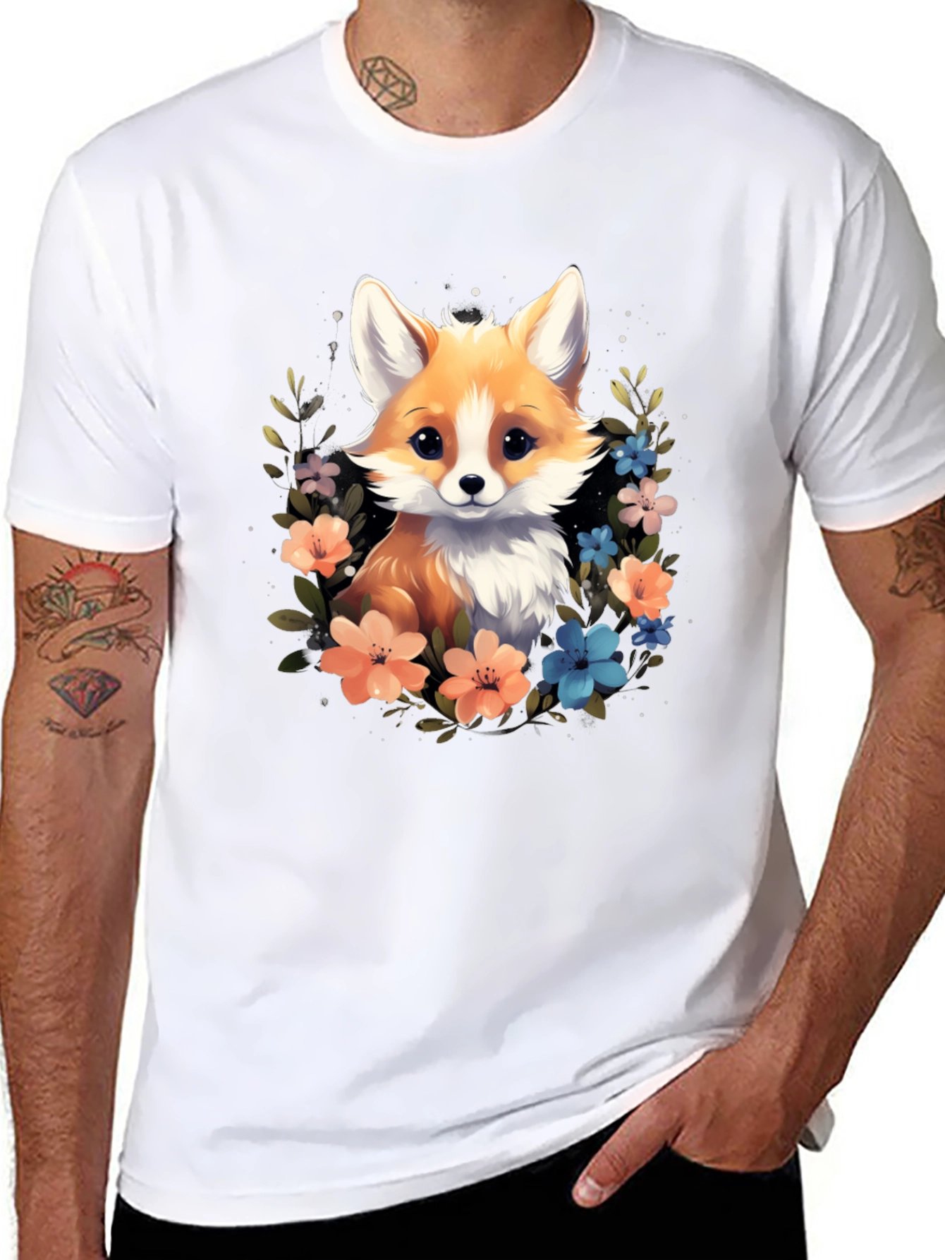 Cute Fox Floral Black T-Shirt