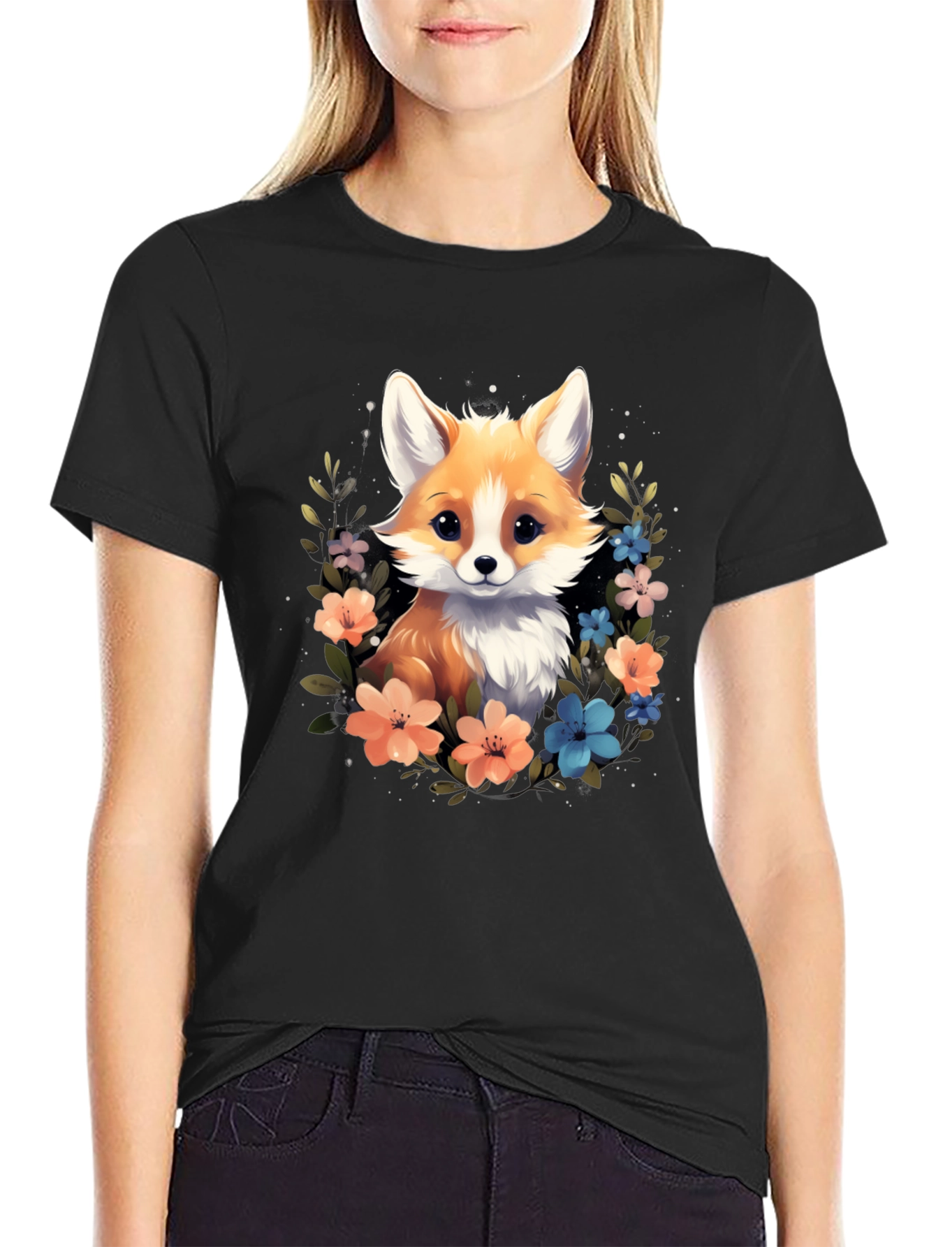 Cute Fox Floral Black T-Shirt