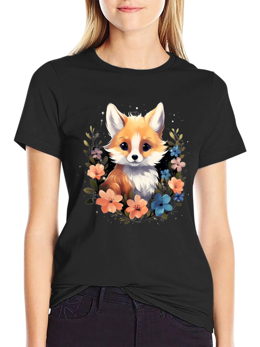 Cute Fox Floral Black T-Shirt