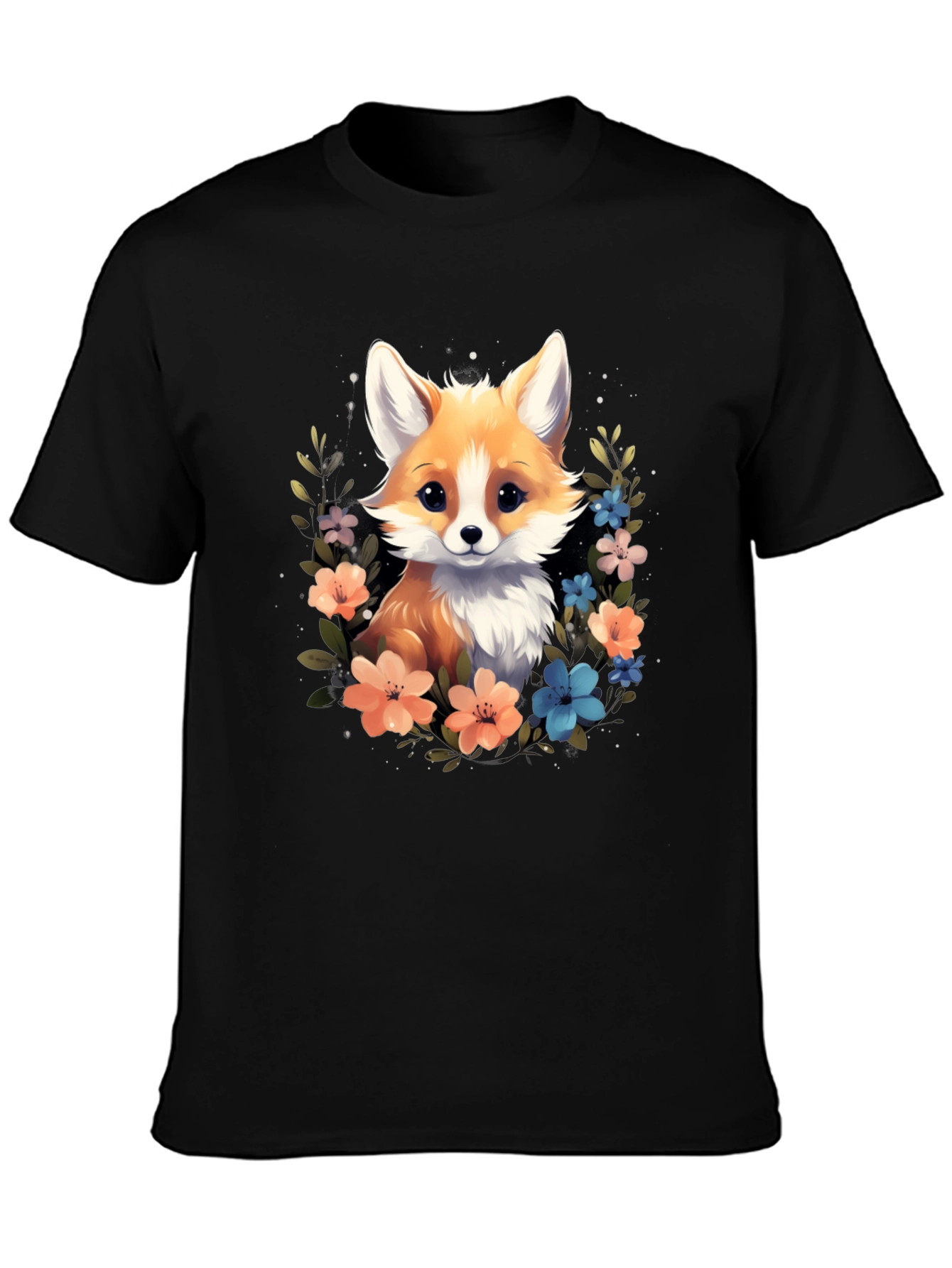 Cute Fox Floral Black T-Shirt