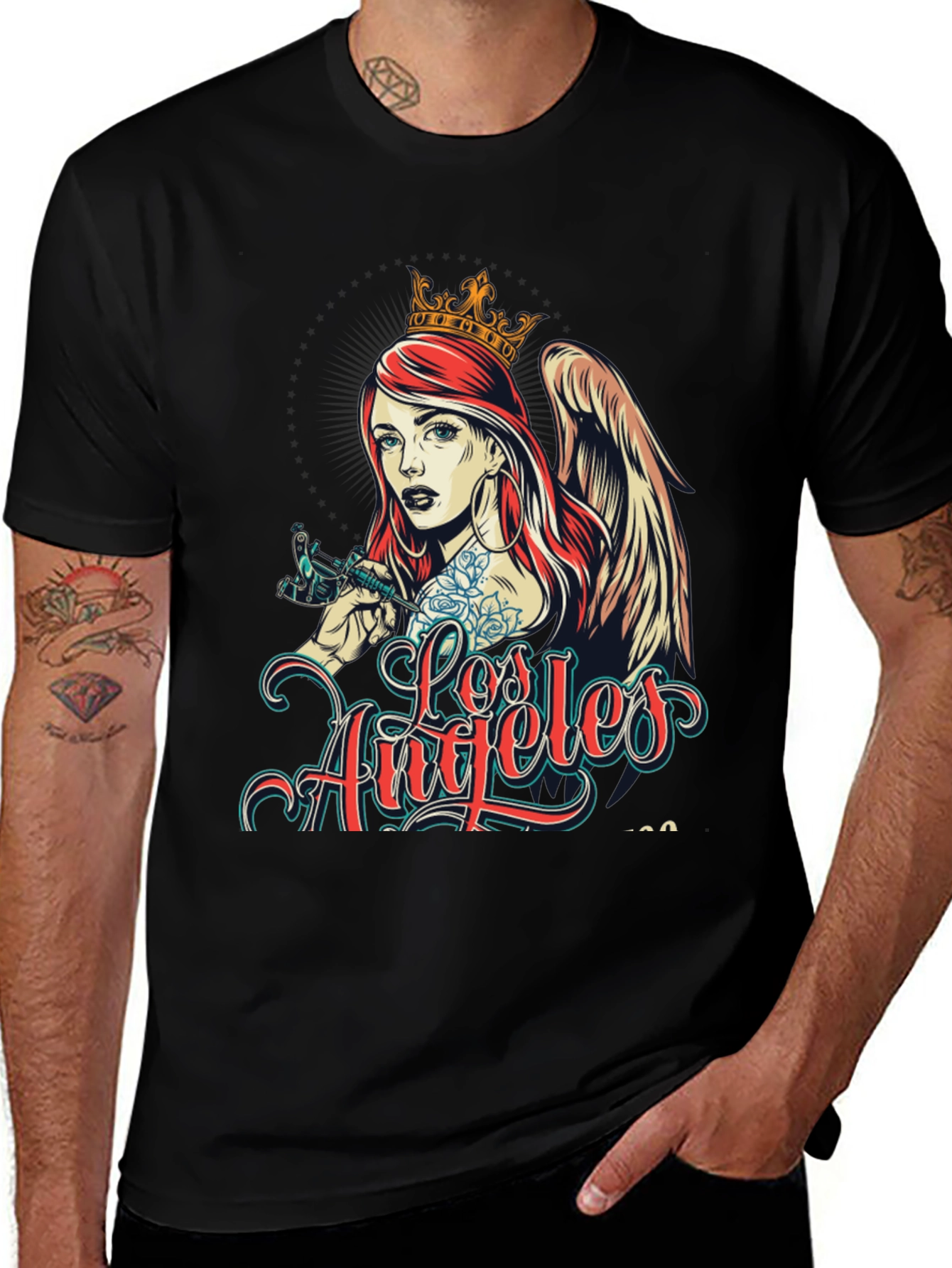 Los Angeles Tattoo Angel Graphic Black T-Shirt