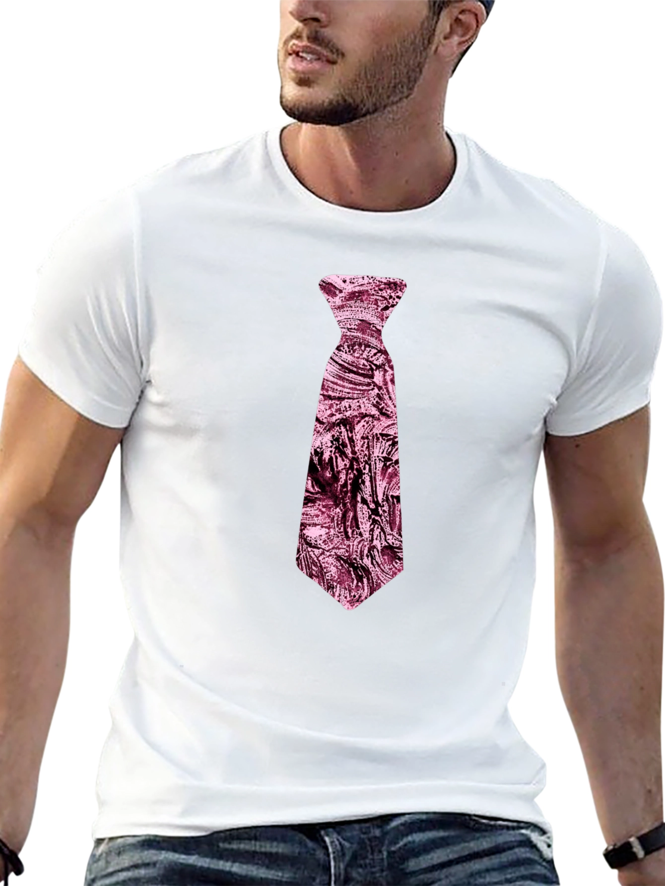 Mens Black T-Shirt with Novelty Pink Tie Design