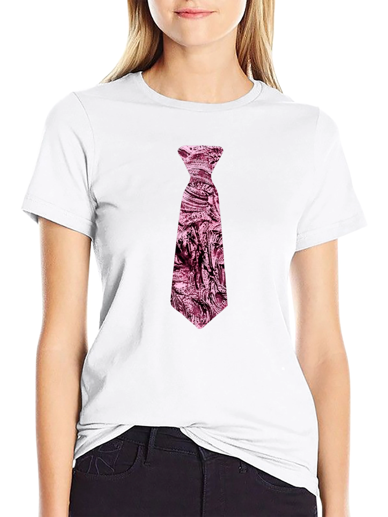 Mens Black T-Shirt with Novelty Pink Tie Design