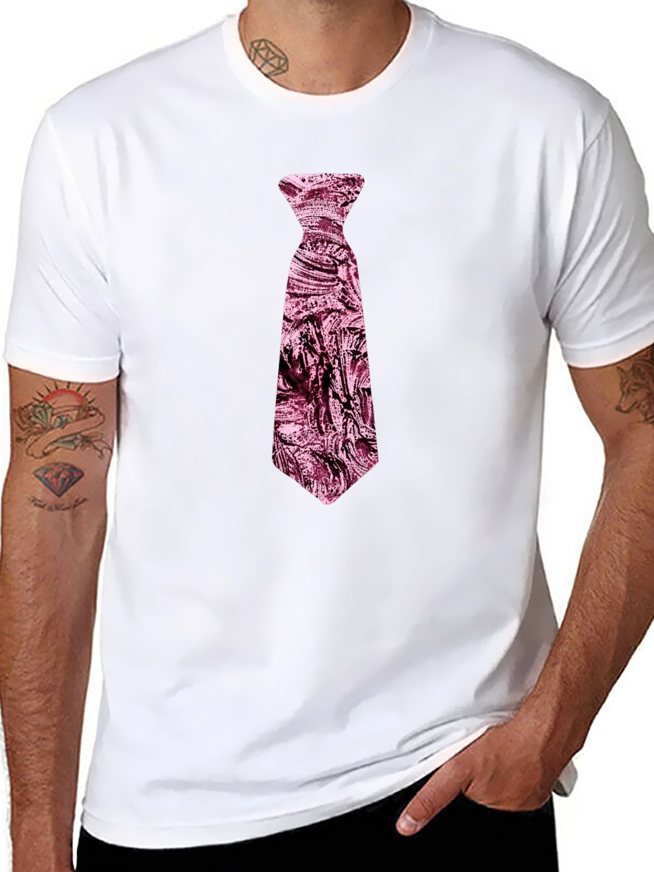 Mens Black T-Shirt with Novelty Pink Tie Design