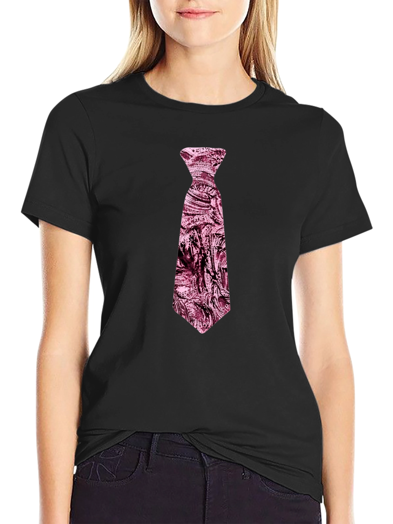 Mens Black T-Shirt with Novelty Pink Tie Design