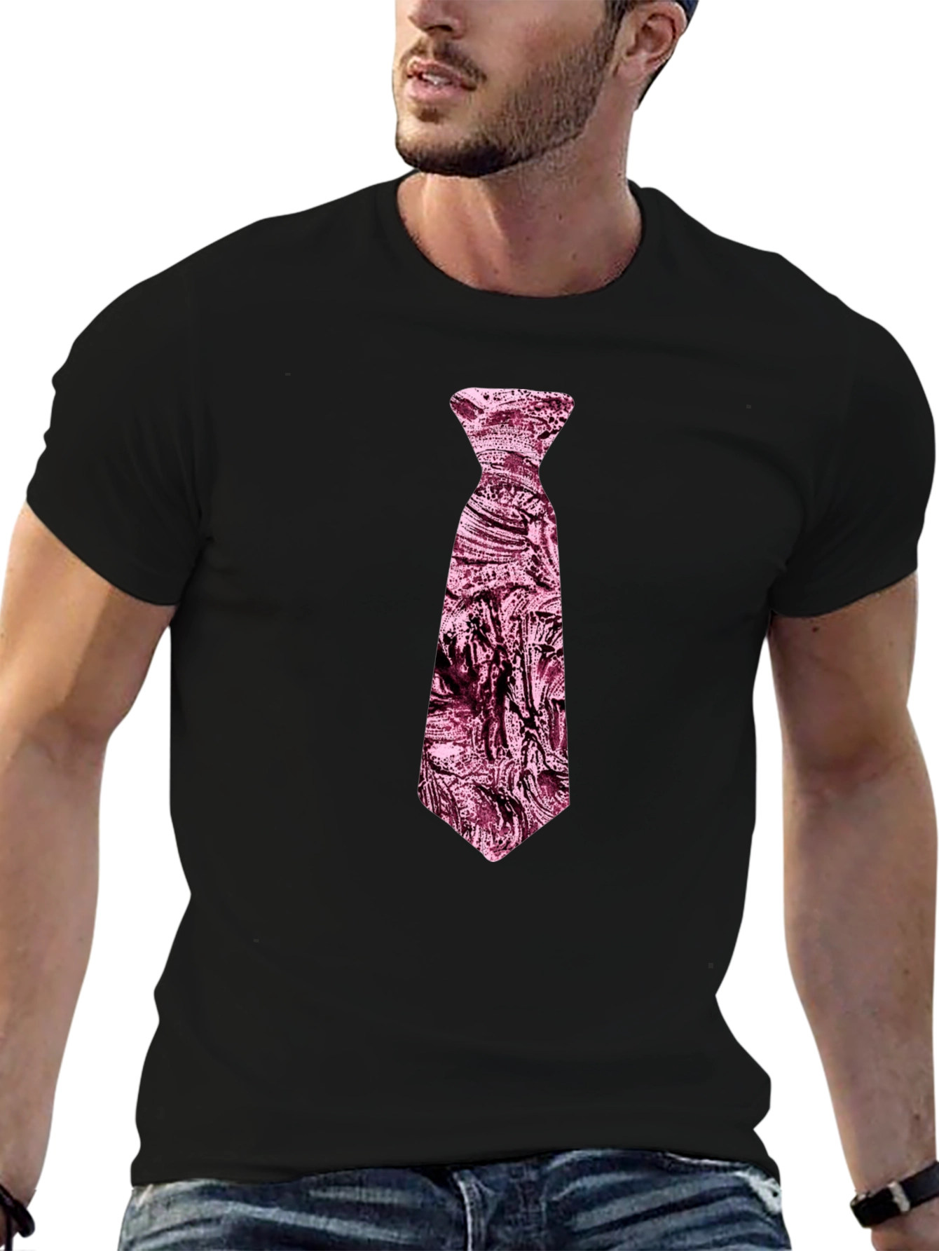Mens Black T-Shirt with Novelty Pink Tie Design