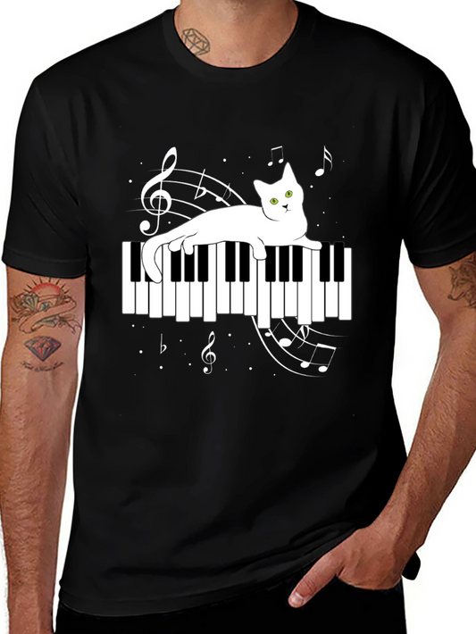 Cat on Piano Keys Graphic Tee - Music Lover Shirt