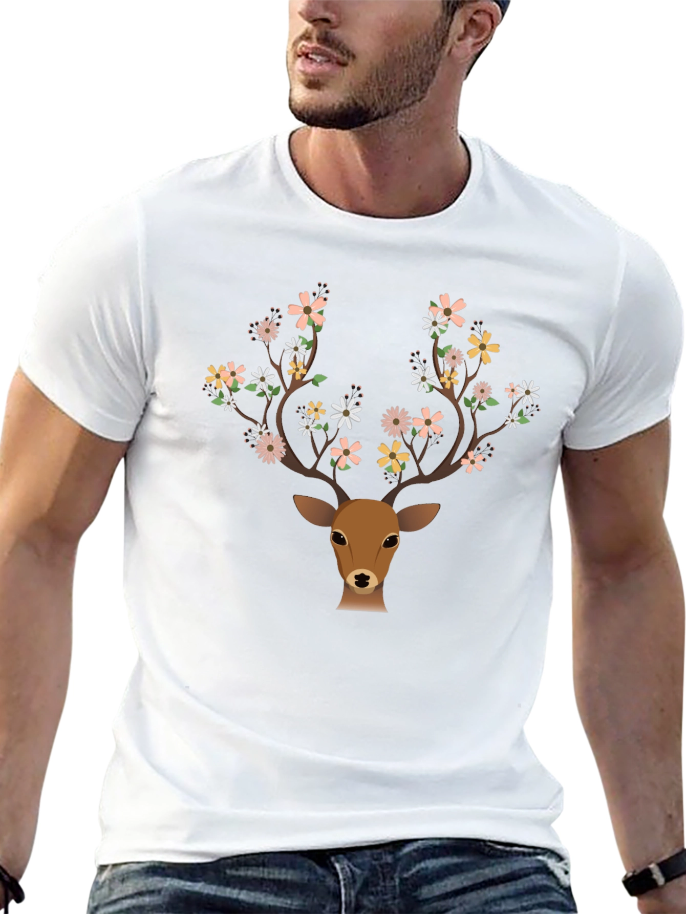 Floral Antler Deer Graphic Tee - Black T-Shirt