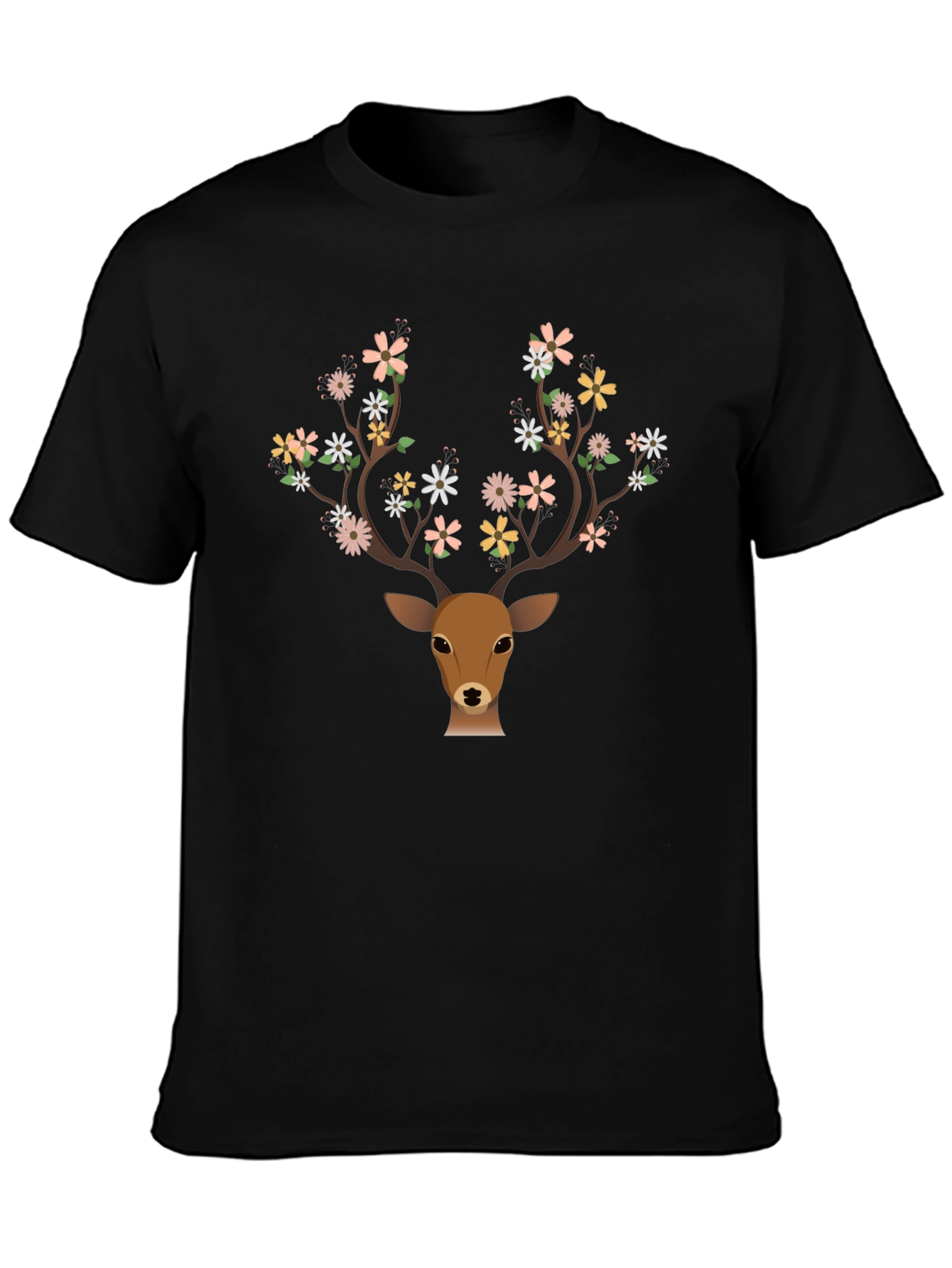 Floral Antler Deer Graphic Tee - Black T-Shirt