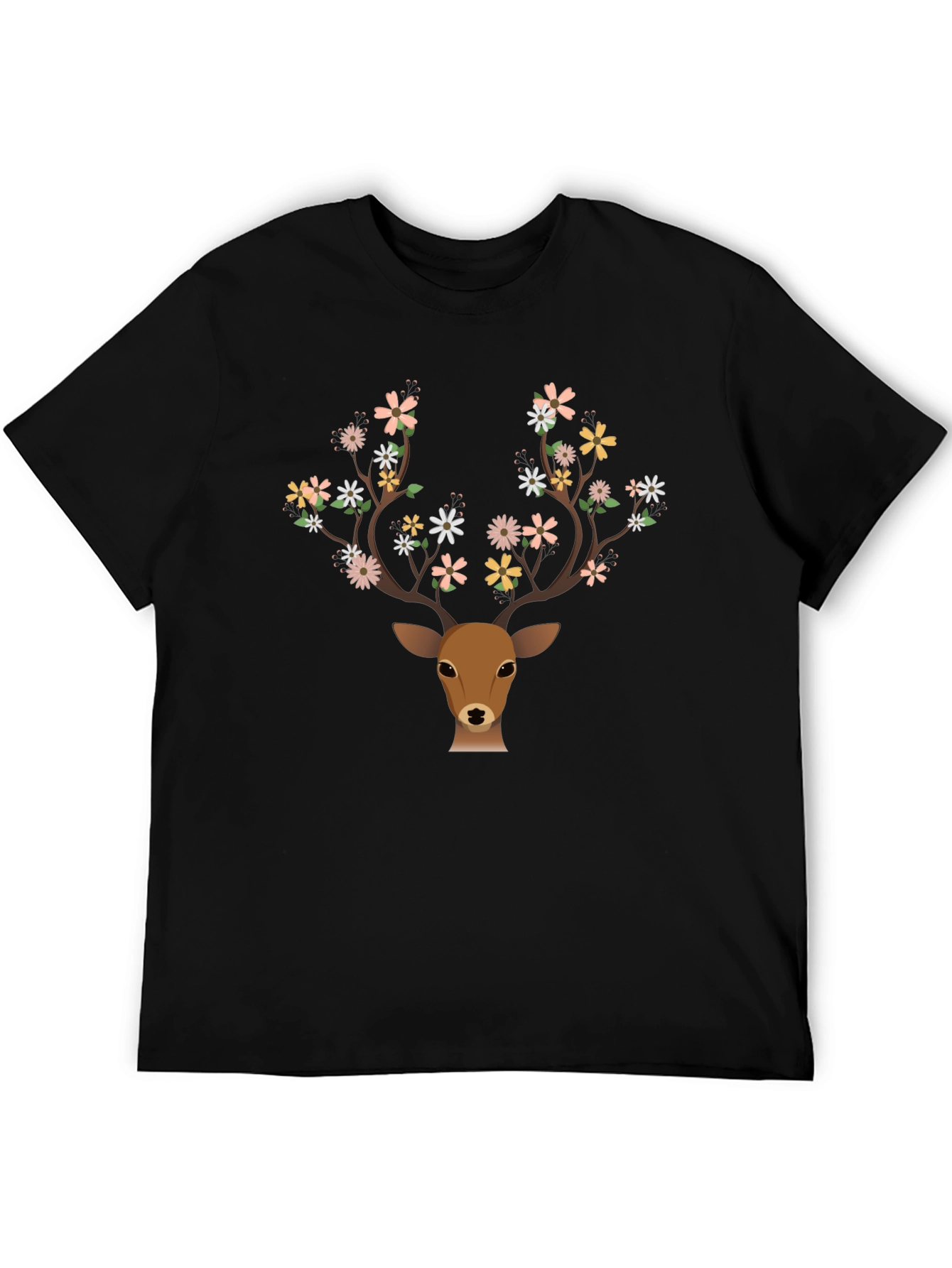 Floral Antler Deer Graphic Tee - Black T-Shirt