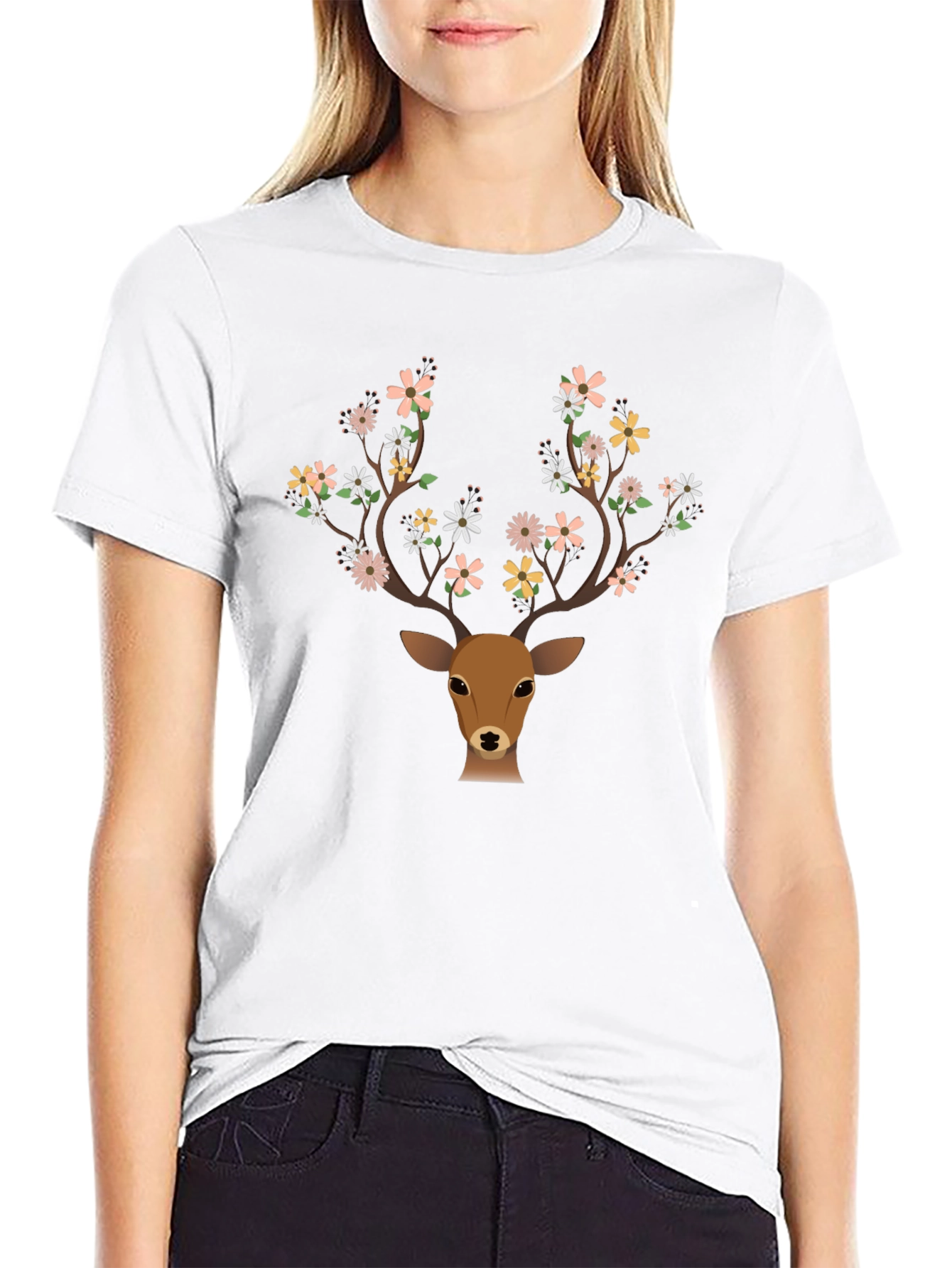 Floral Antler Deer Graphic Tee - Black T-Shirt