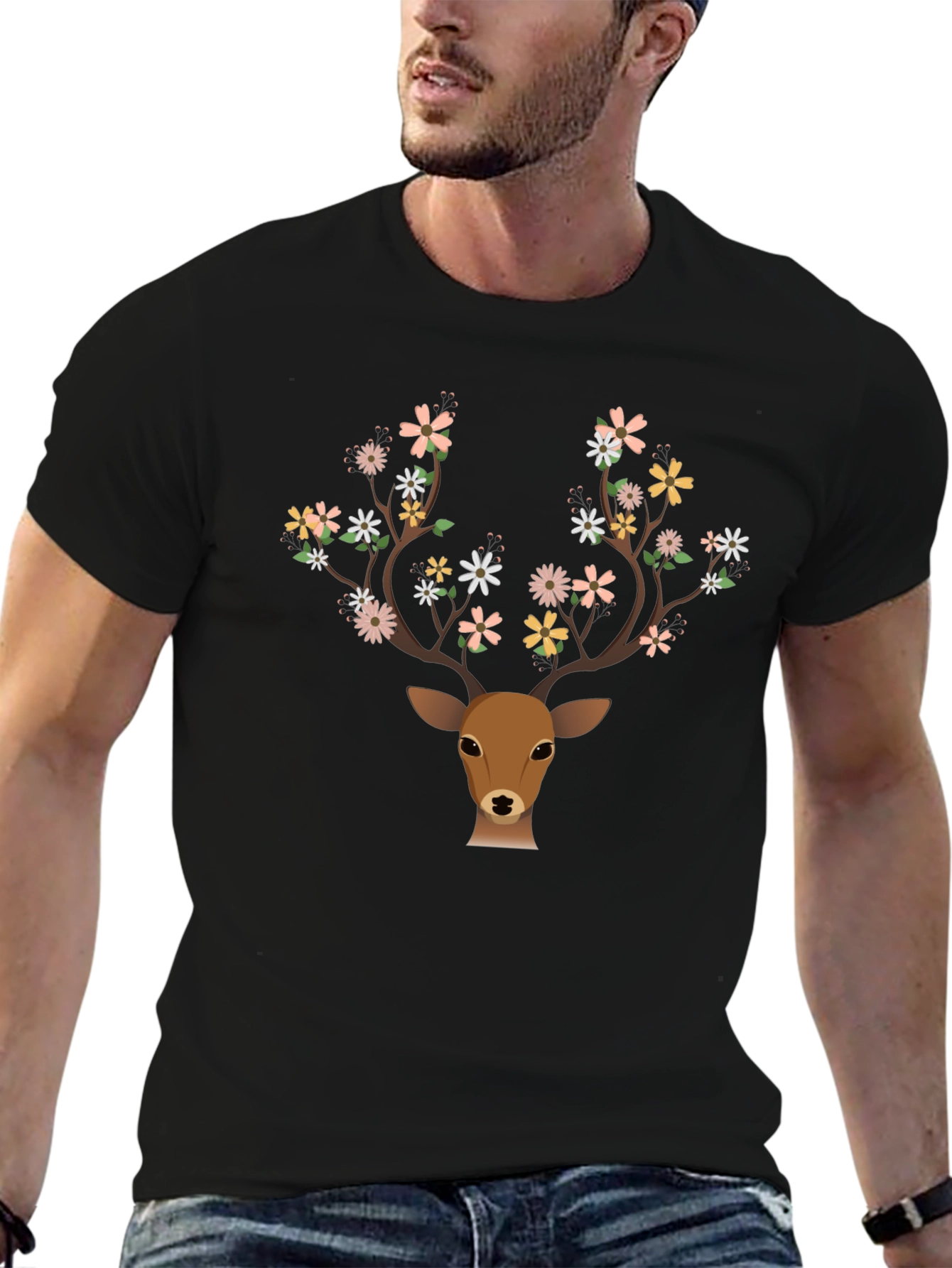 Floral Antler Deer Graphic Tee - Black T-Shirt