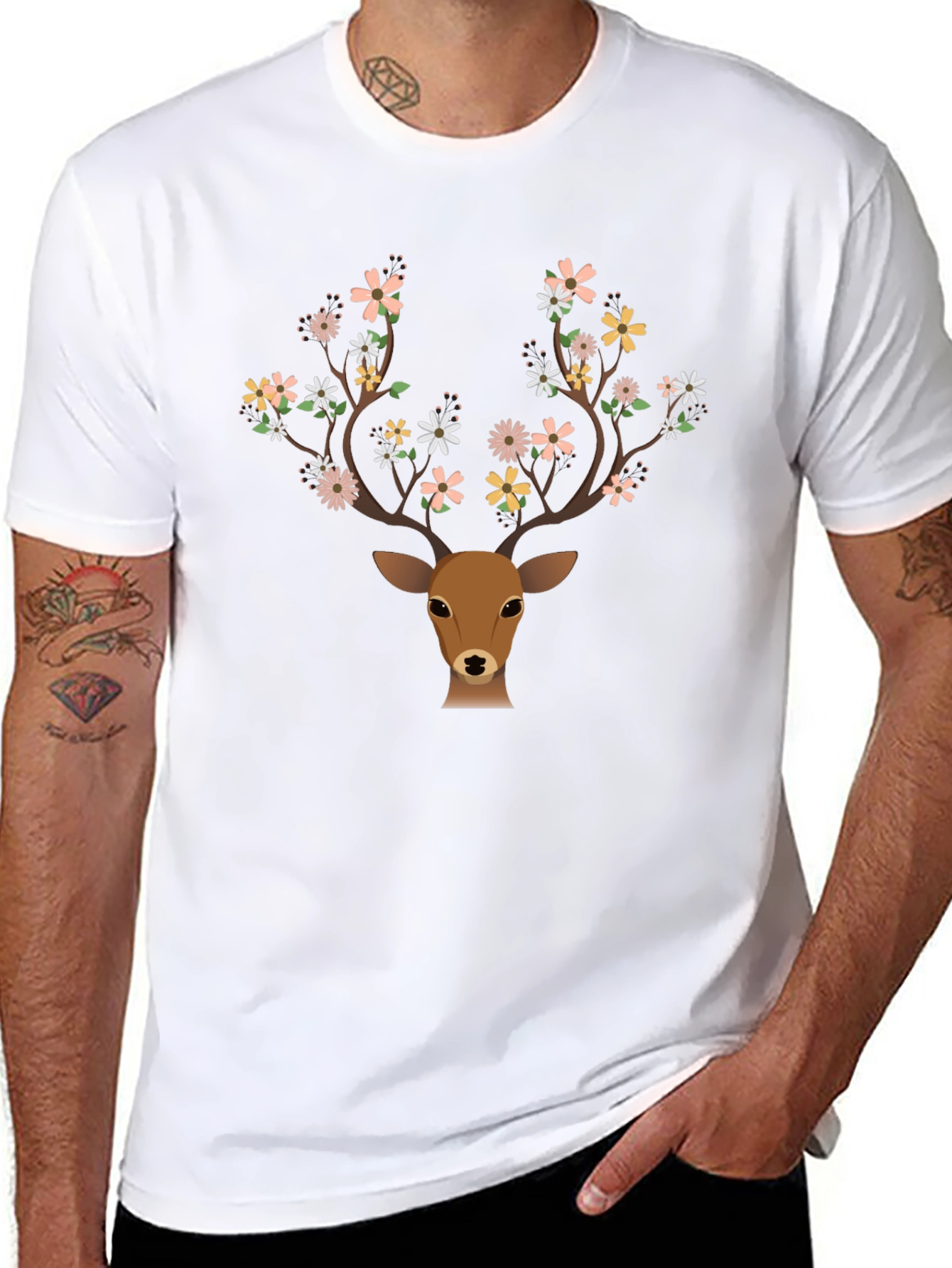Floral Antler Deer Graphic Tee - Black T-Shirt