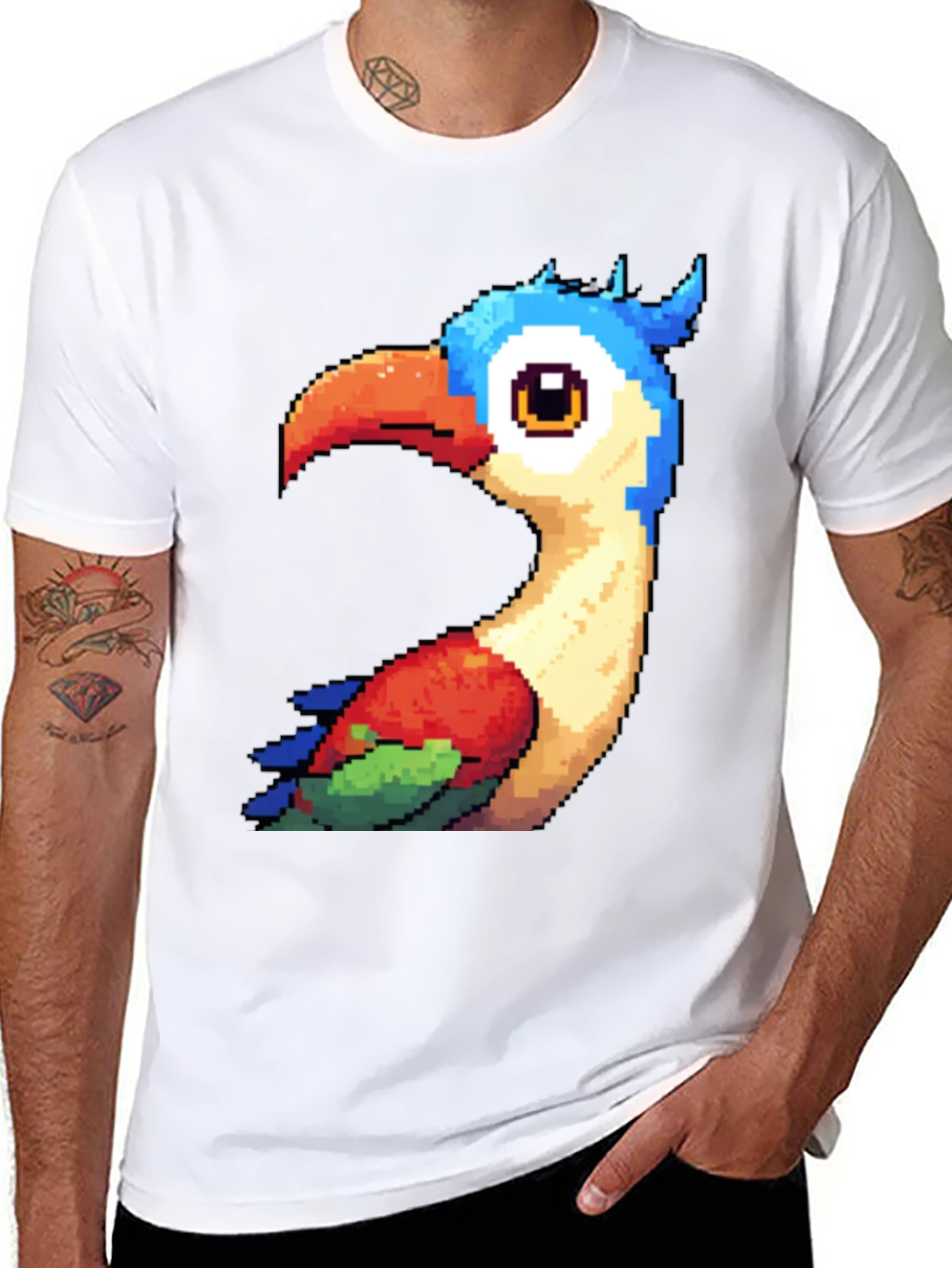 Pixel Art Bird Graphic T-Shirt - Black