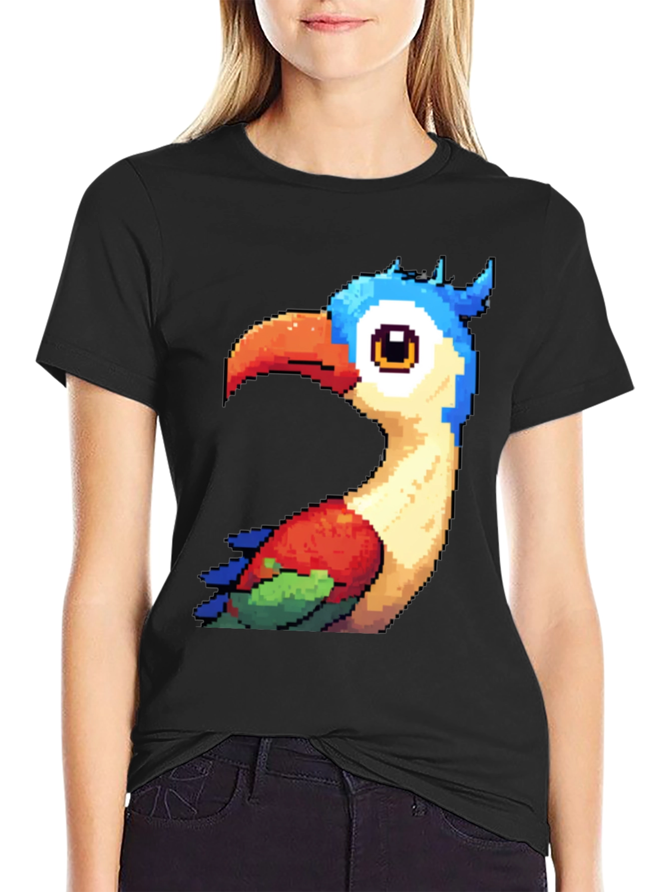Pixel Art Bird Graphic T-Shirt - Black