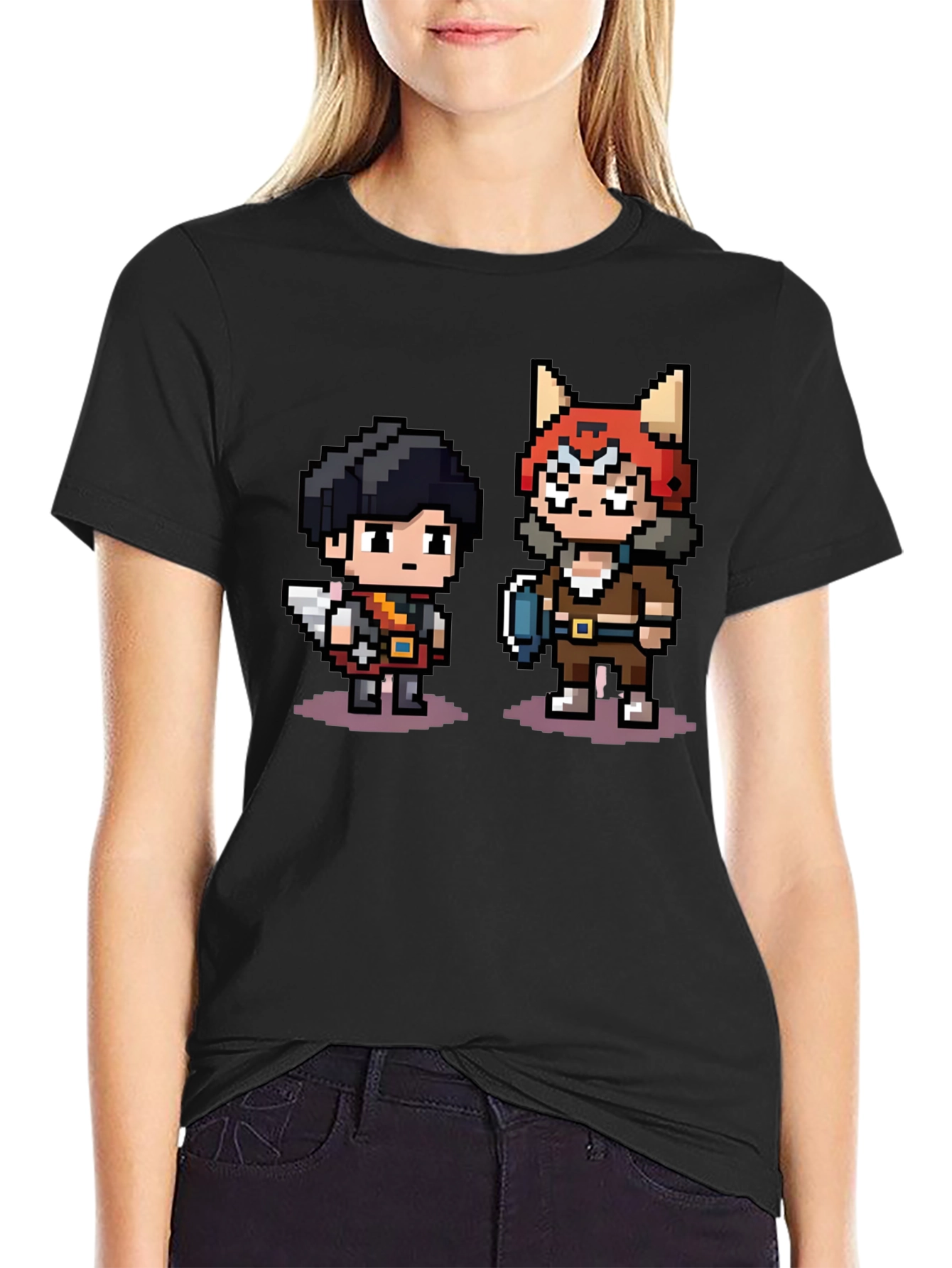 Pixel Character Print Black T-Shirt