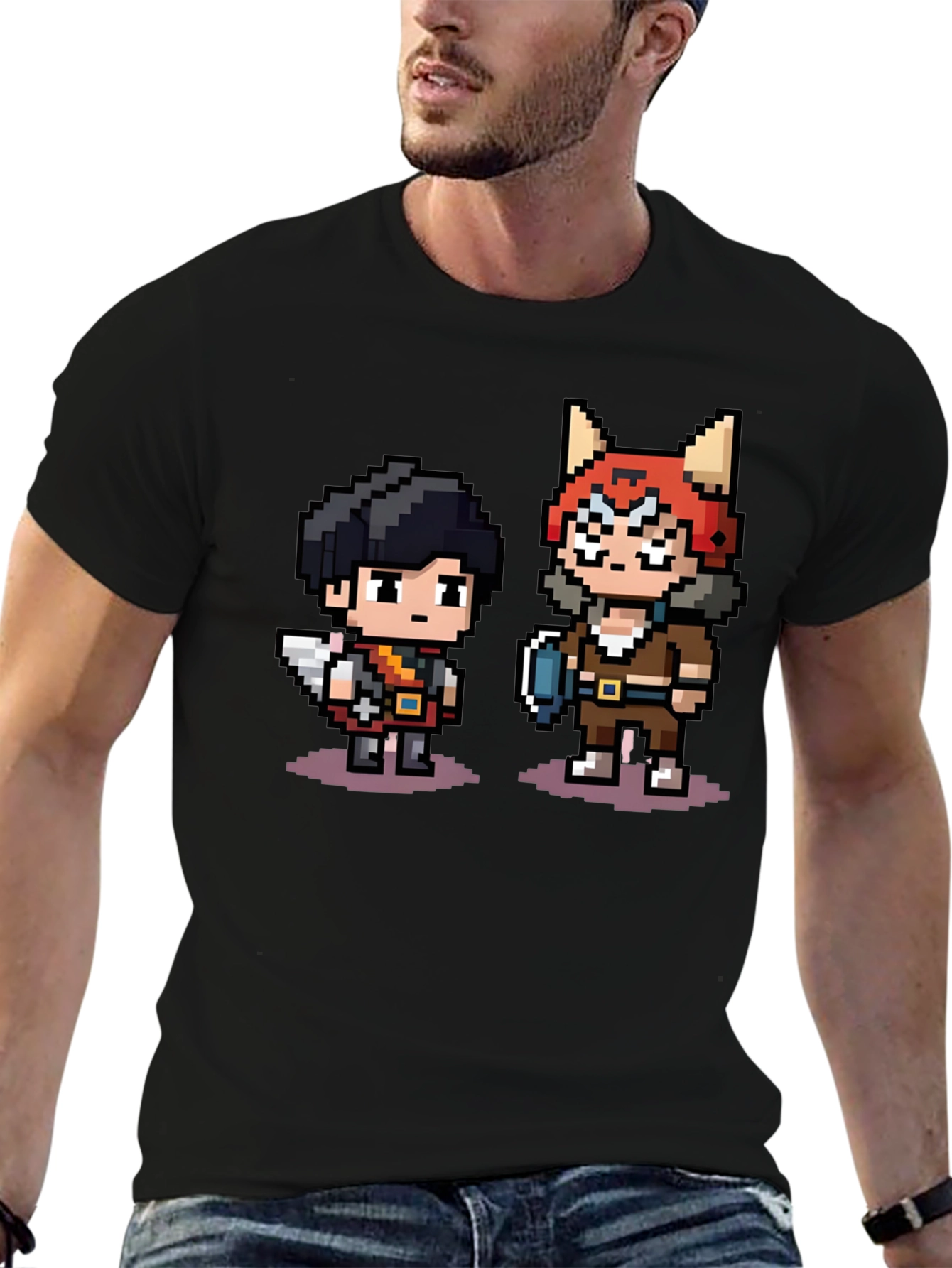 Pixel Character Print Black T-Shirt