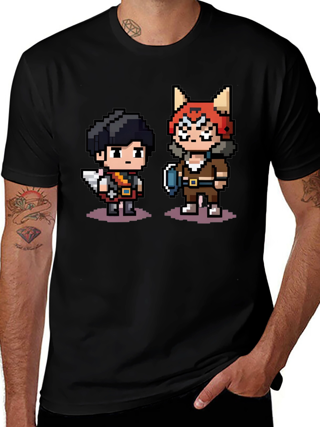 Pixel Character Print Black T-Shirt