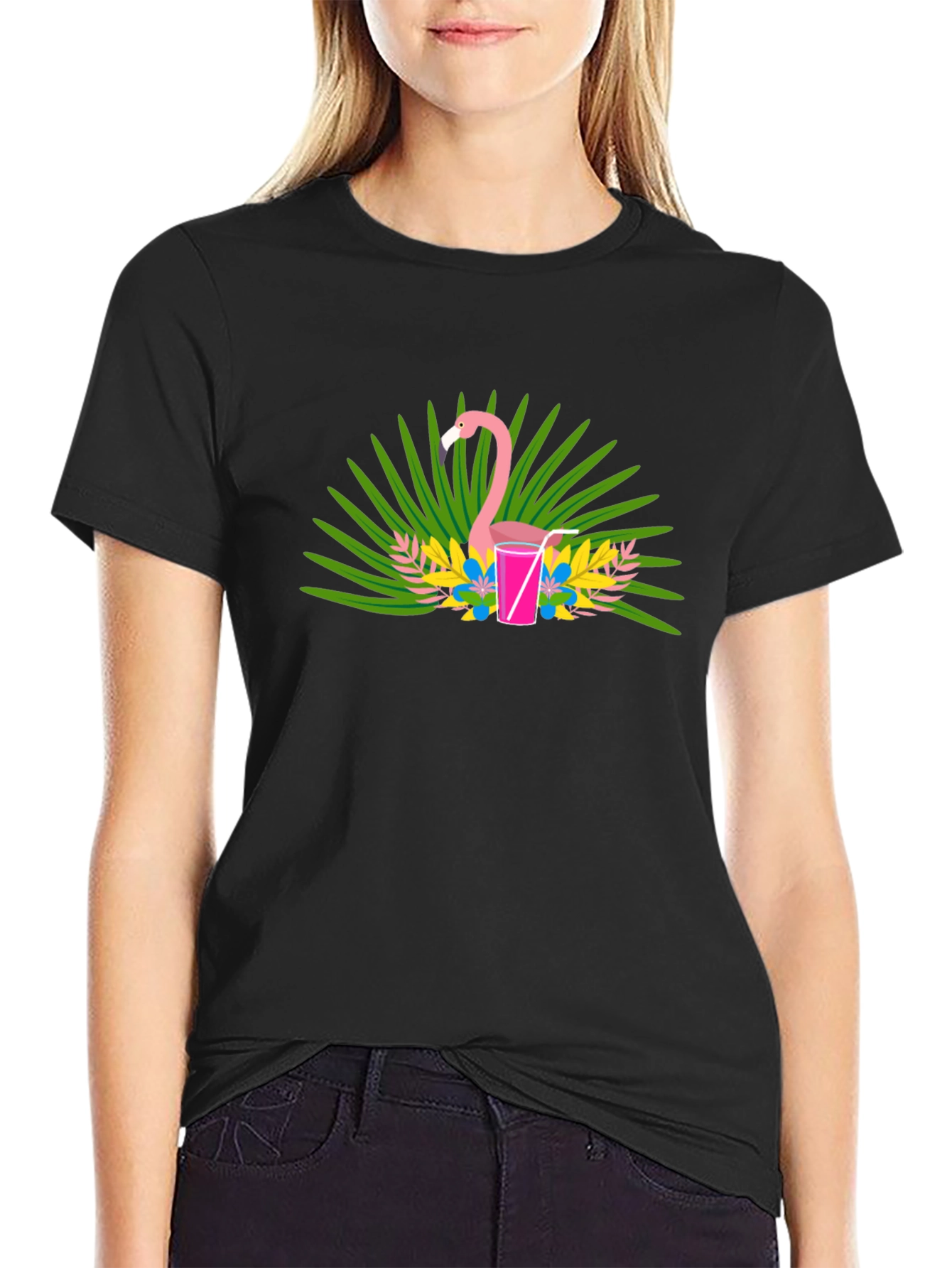 Flamingo Cocktail Graphic Tee - Black