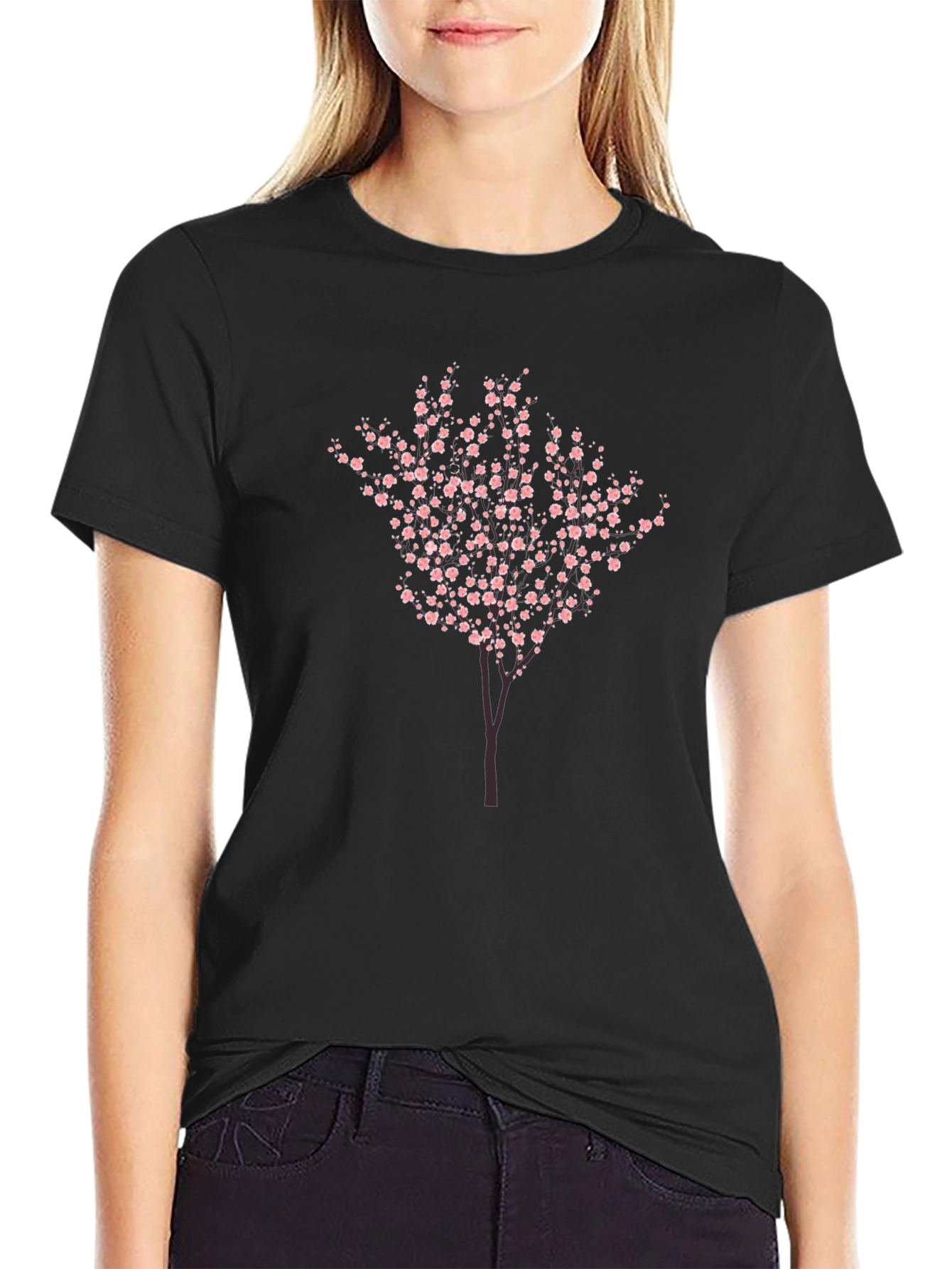 Cherry Blossom Tree Graphic Tee - Black Cotton Blend