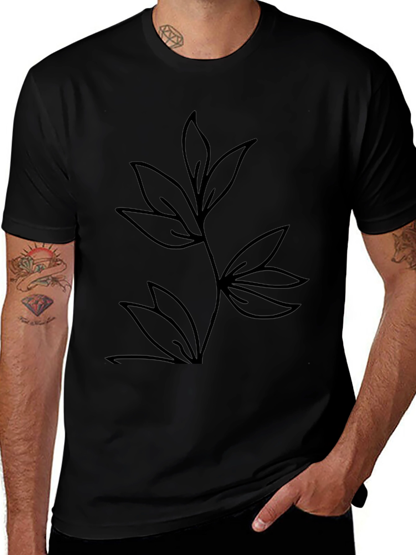 Minimalist Leaf Design Black T-Shirt