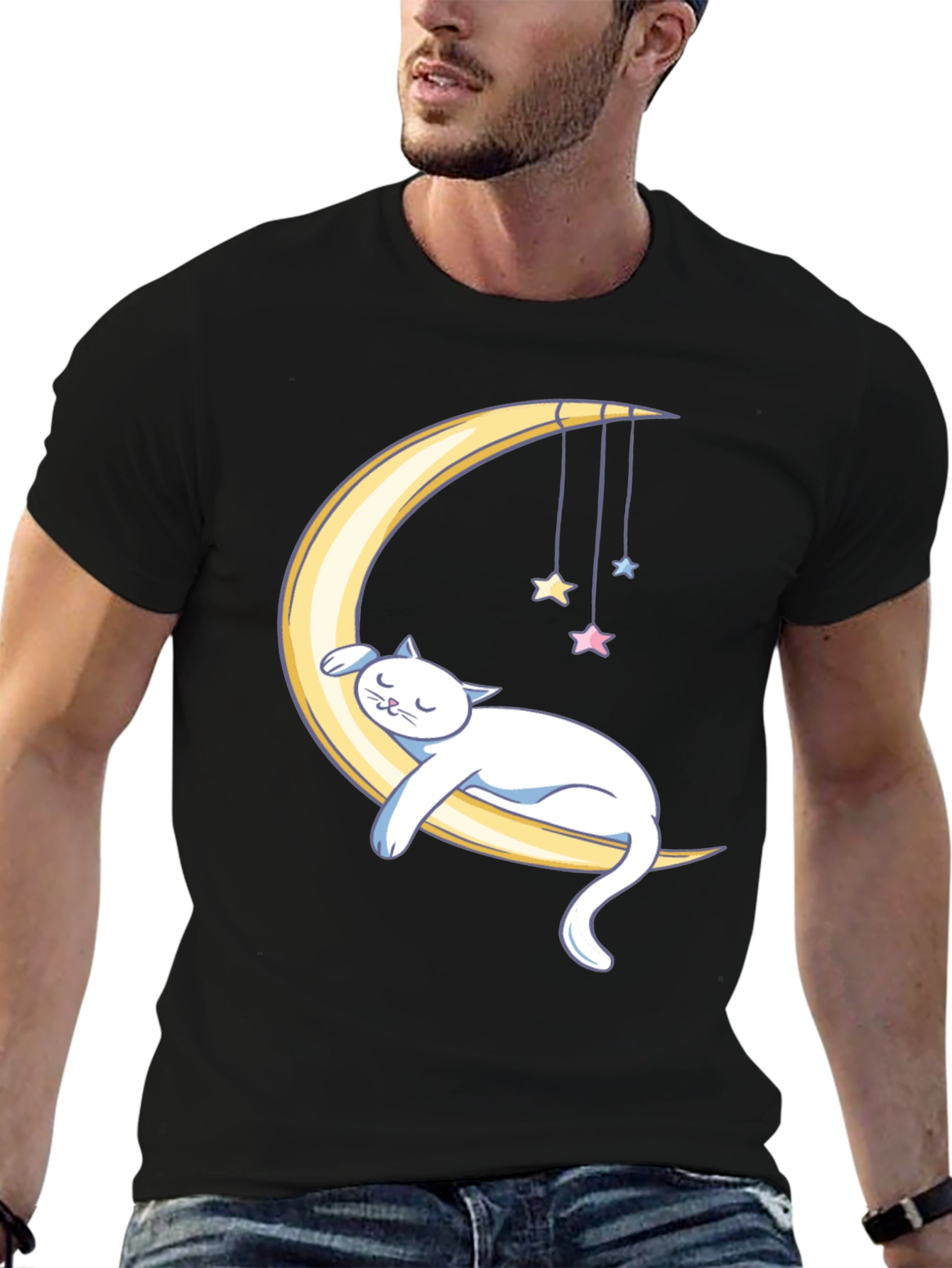 Dreamy Cat Moon T-Shirt - Black Cotton Comfort