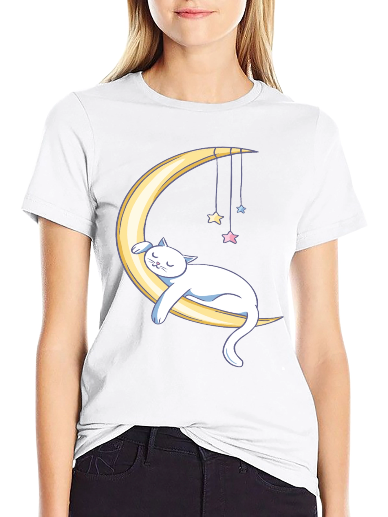 Dreamy Cat Moon T-Shirt - Black Cotton Comfort