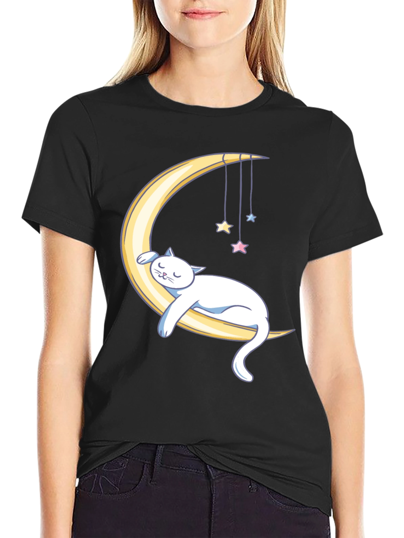 Dreamy Cat Moon T-Shirt - Black Cotton Comfort