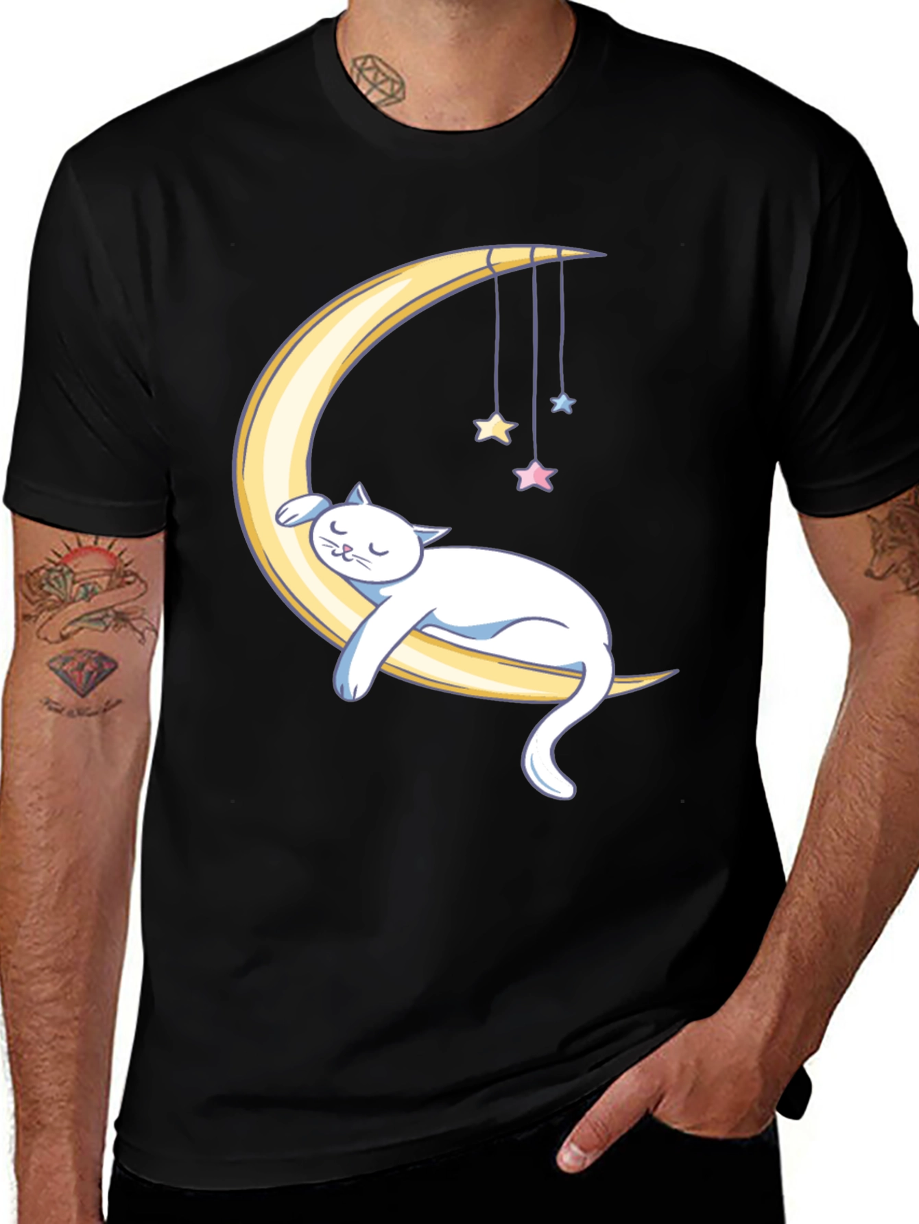 Dreamy Cat Moon T-Shirt - Black Cotton Comfort