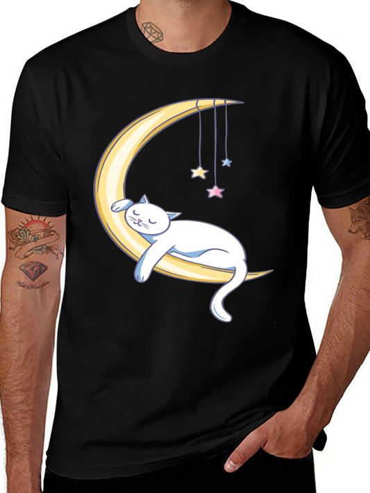 Dreamy Cat Moon T-Shirt - Black Cotton Comfort