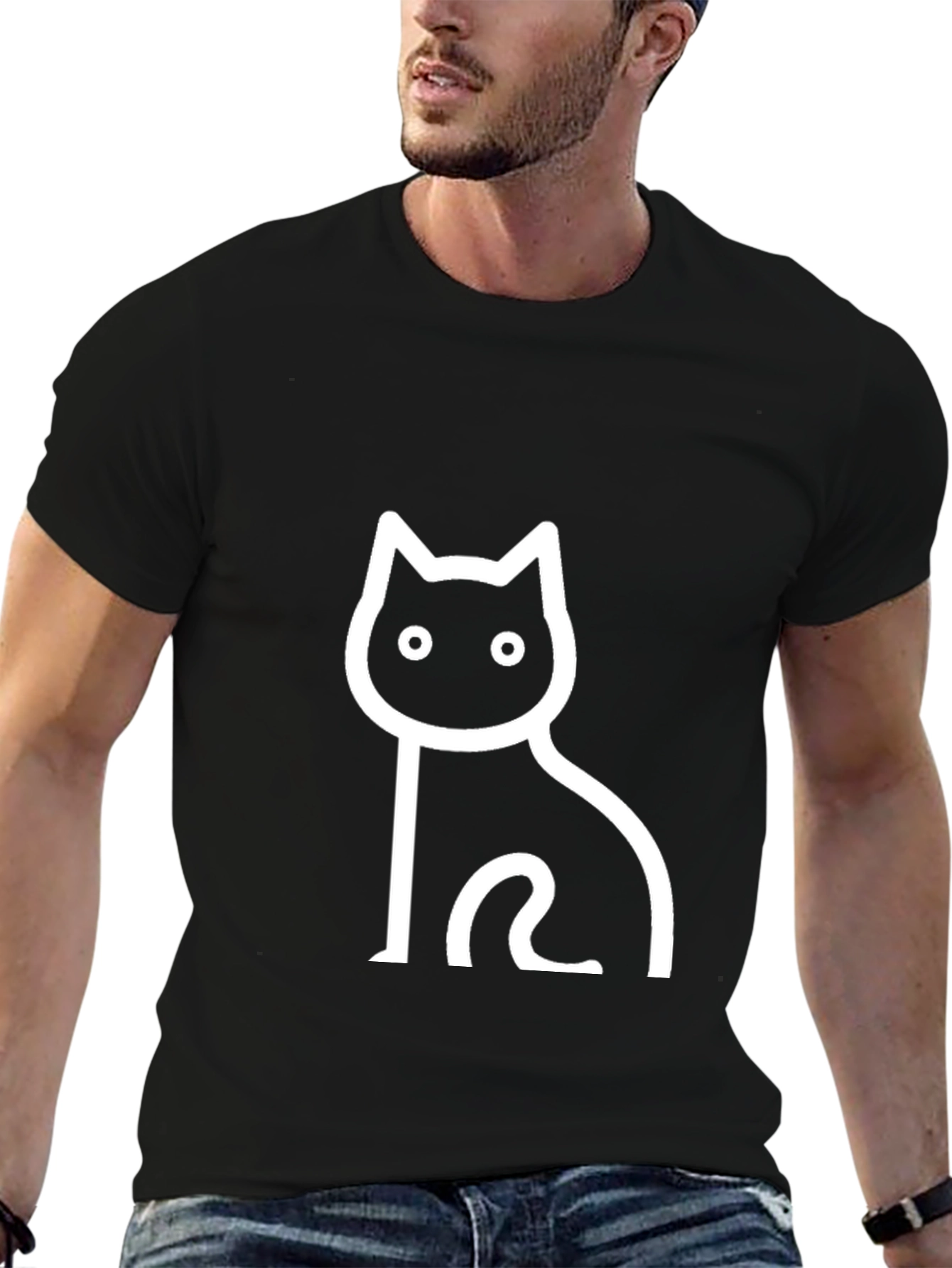 Black Cat Outline Graphic T-Shirt - Casual Wear