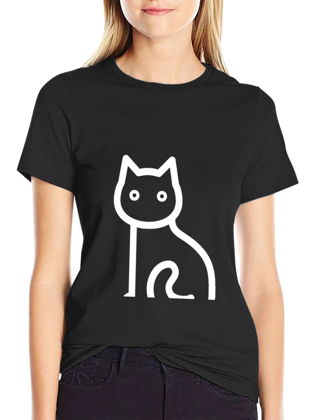 Black Cat Outline Graphic T-Shirt - Casual Wear