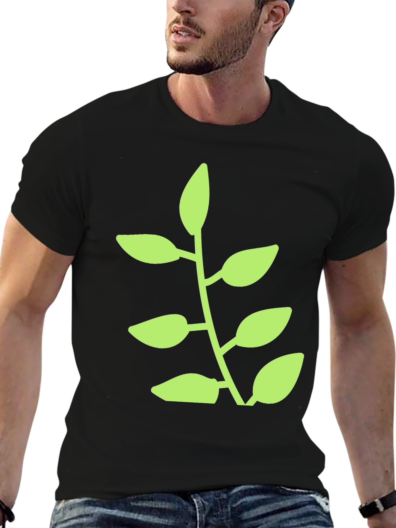 Green Plant Graphic Black T-Shirt