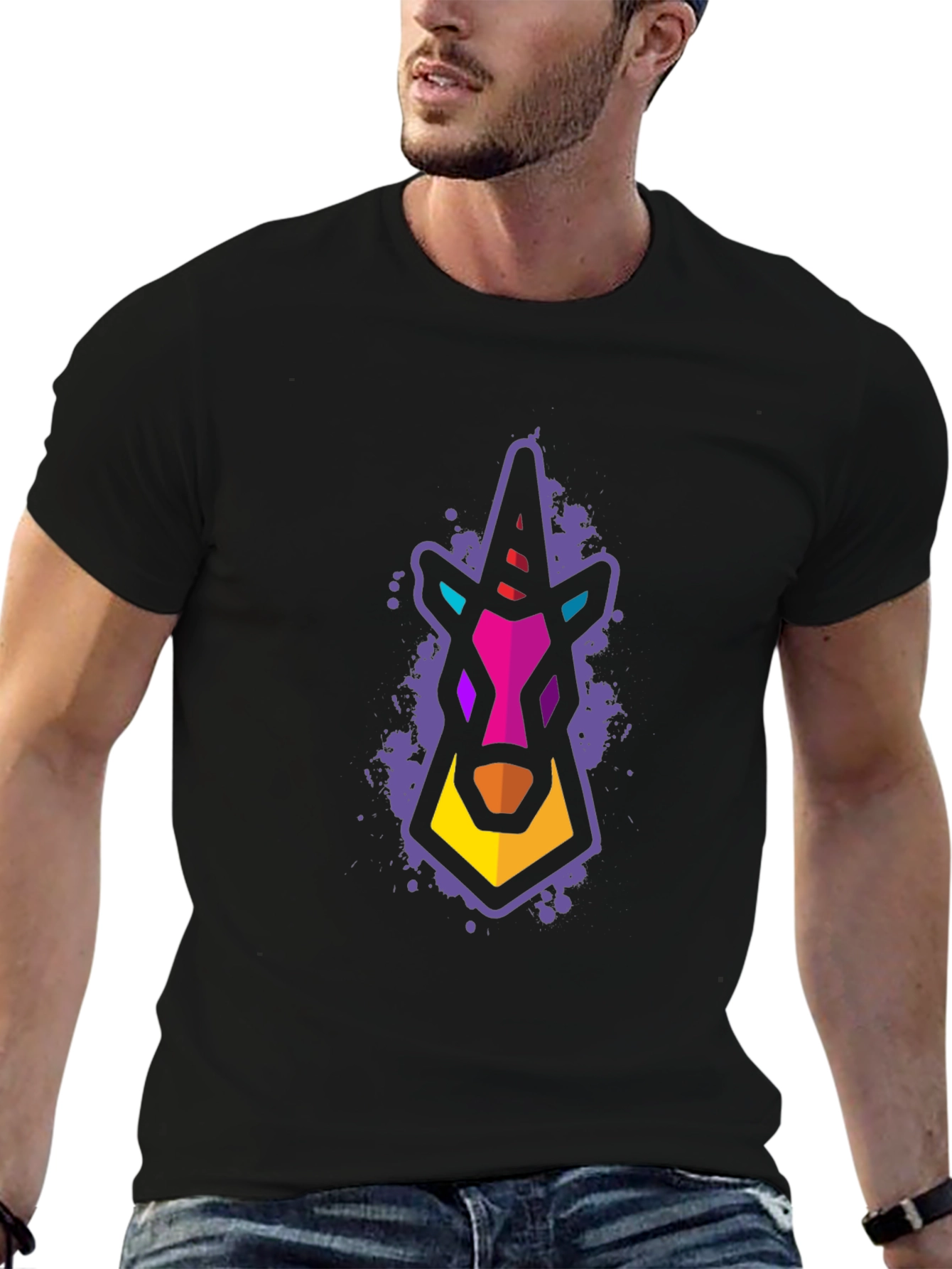 Geometric Unicorn Graphic T-Shirt - Black
