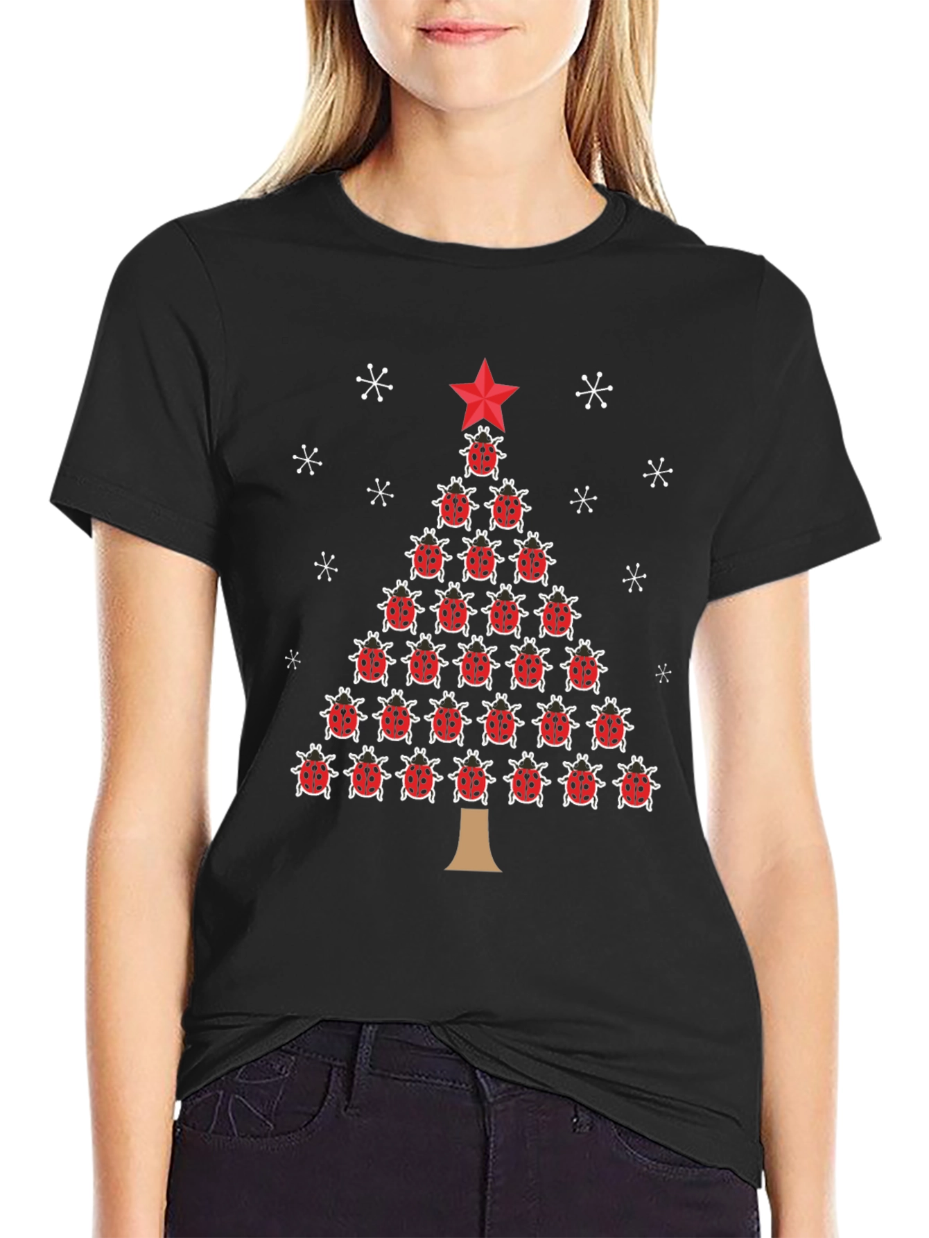 Ladybug Christmas Tree Black T-Shirt