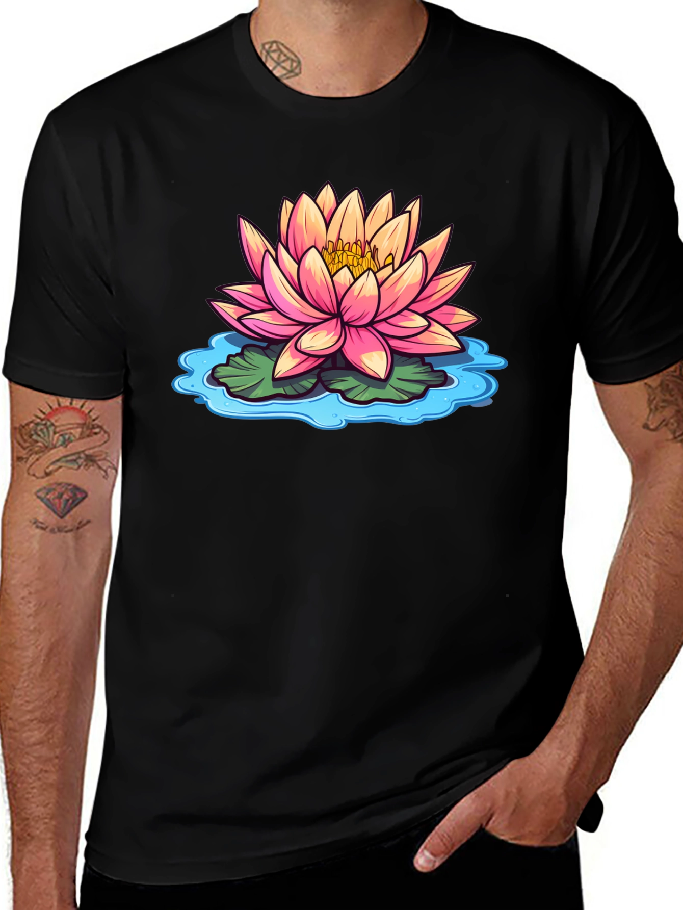 Lotus Flower Graphic Print Black T-Shirt