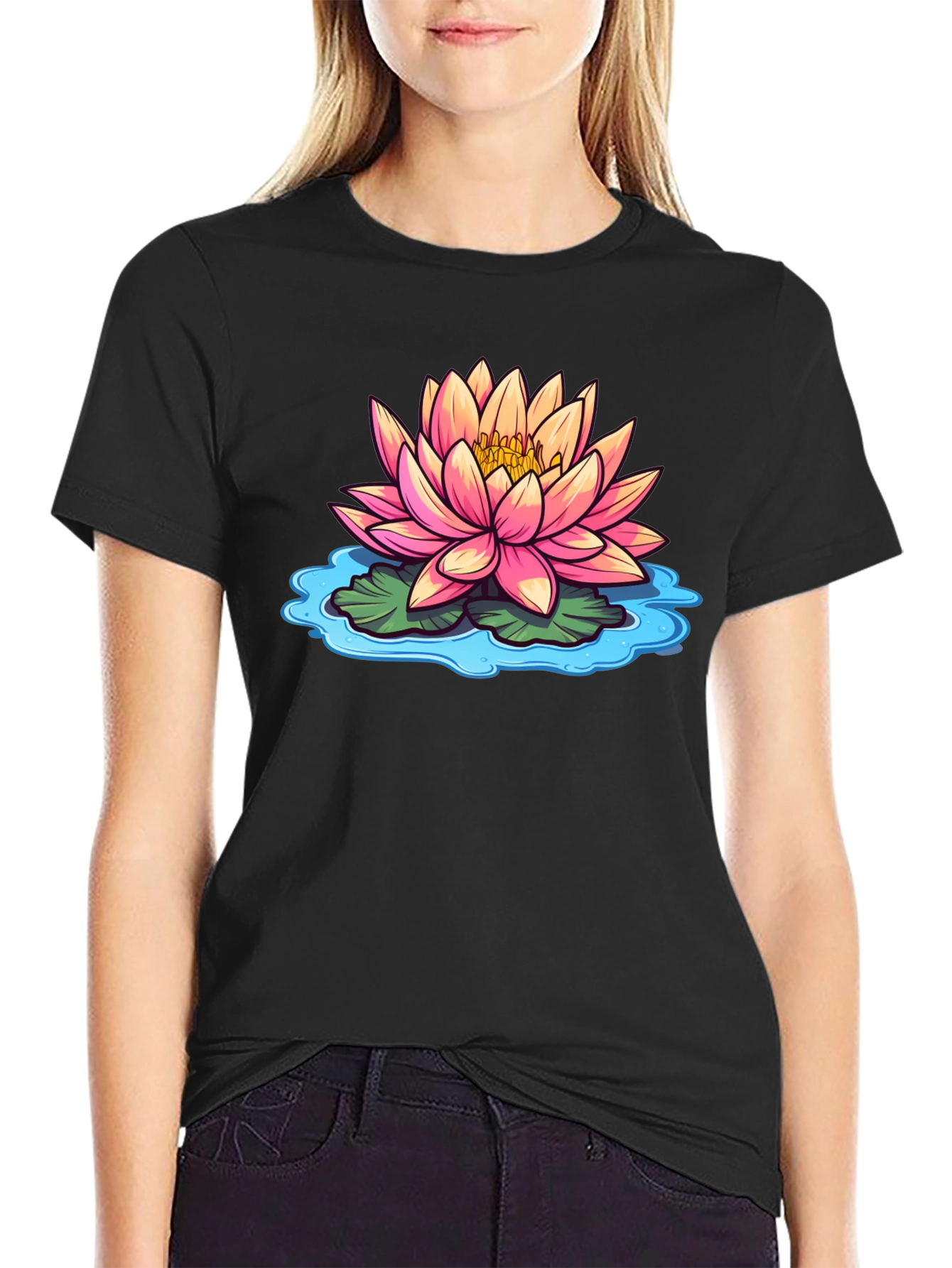 Lotus Flower Graphic Print Black T-Shirt